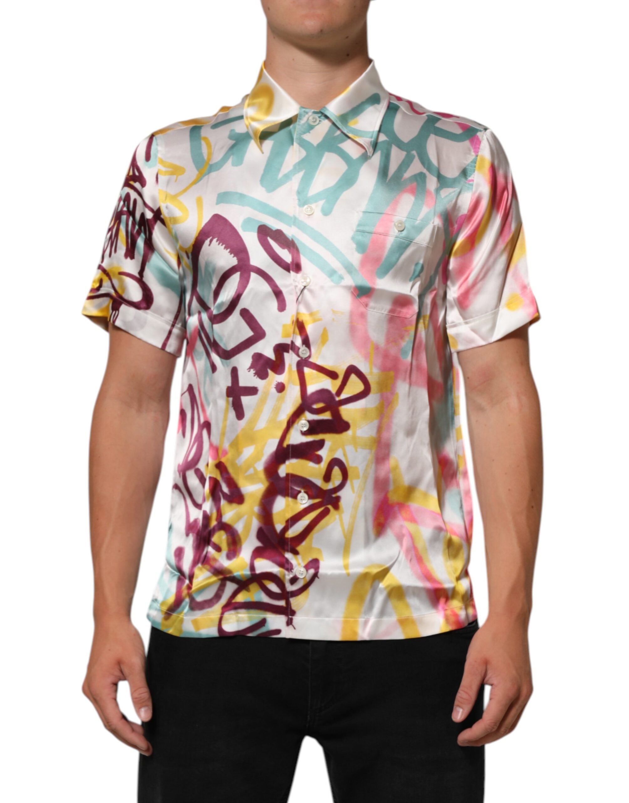 Dolce & Gabbana White Silk Hawaiian Graffiti Print Men Casual Shirt LUNESCAPE