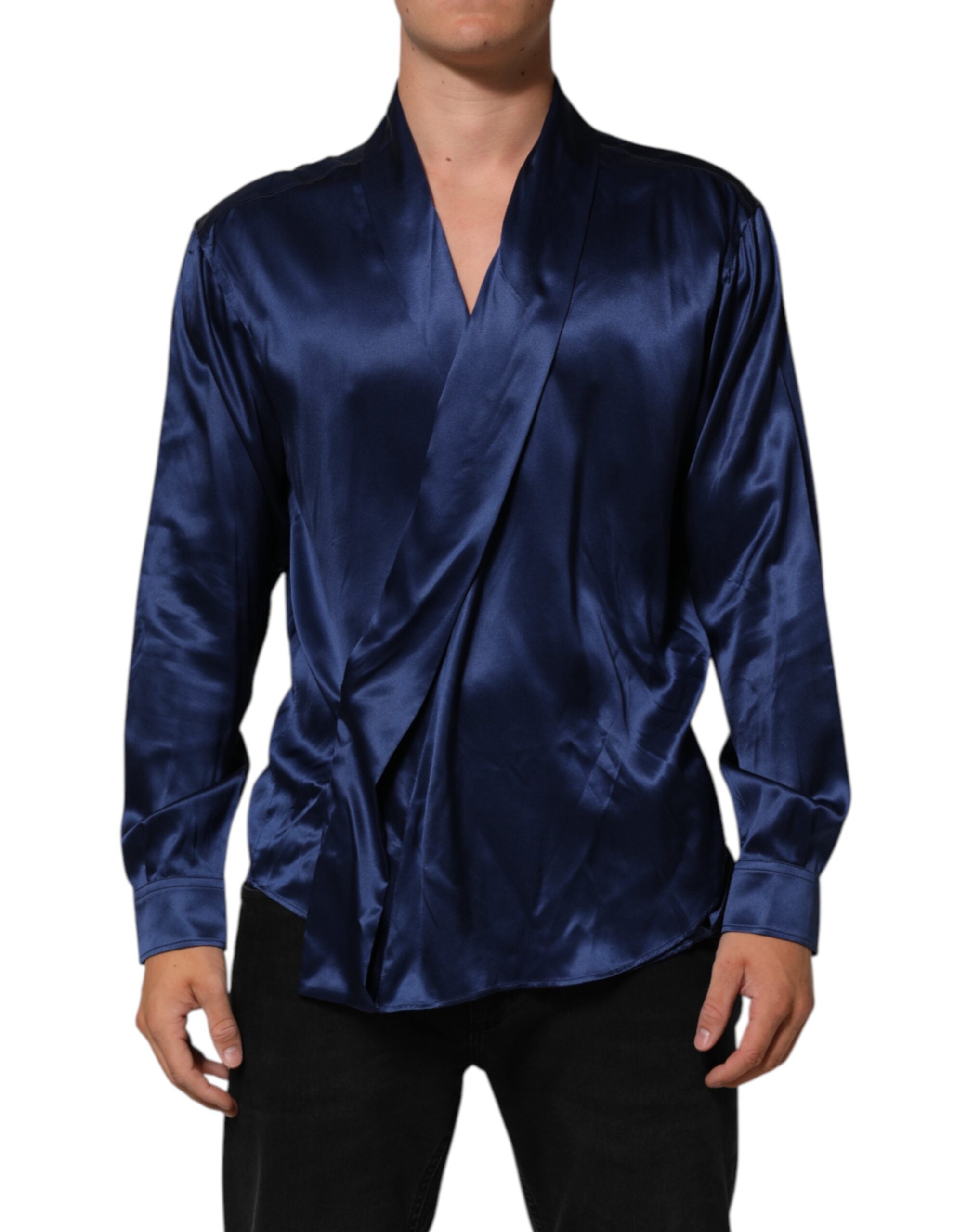 Dolce & Gabbana Blue Oversize Silk Satin Long Sleeves Shirt LUNESCAPE