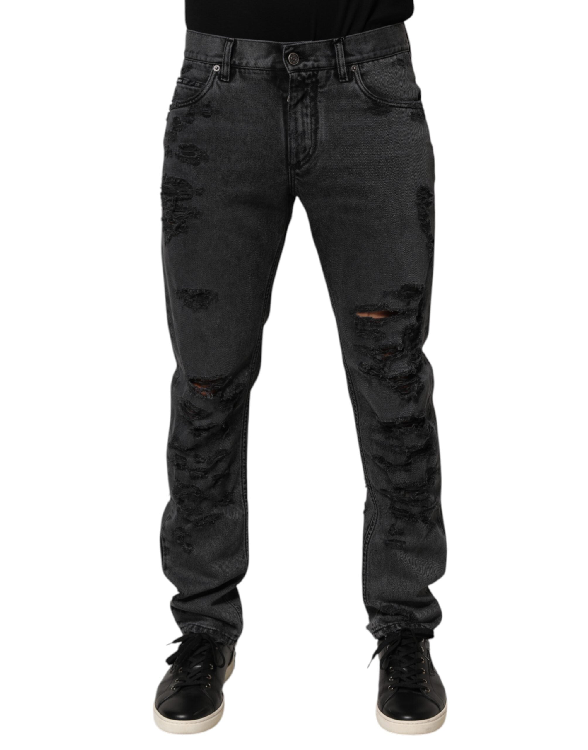 Dolce & Gabbana Black Tattered Skinny Cotton Men Denim Jeans LUNESCAPE