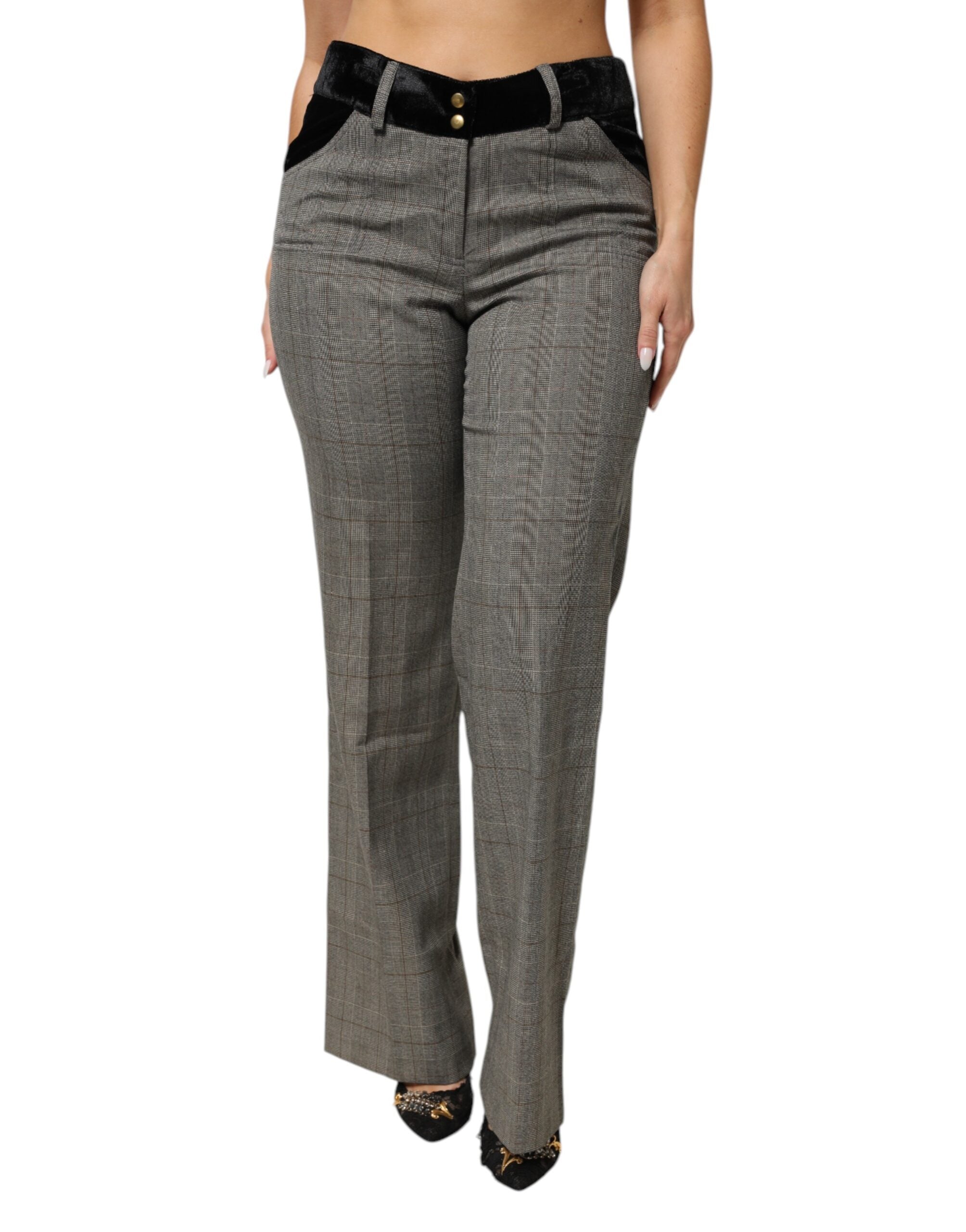 BENCIVENGA Gray Wool Blend Plaid Straight Leg Velvet Waist Pants