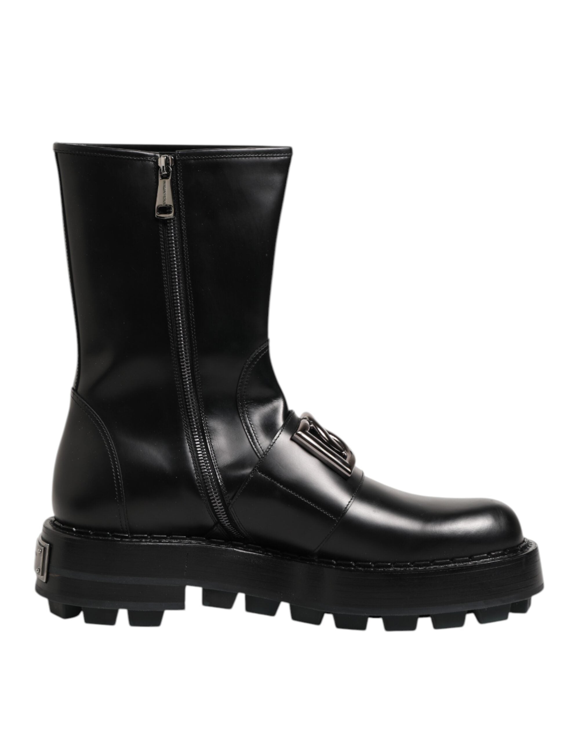 Dolce & Gabbana Black Logo Plaque Mid Calf Biker Boots Shoes LUNESCAPE
