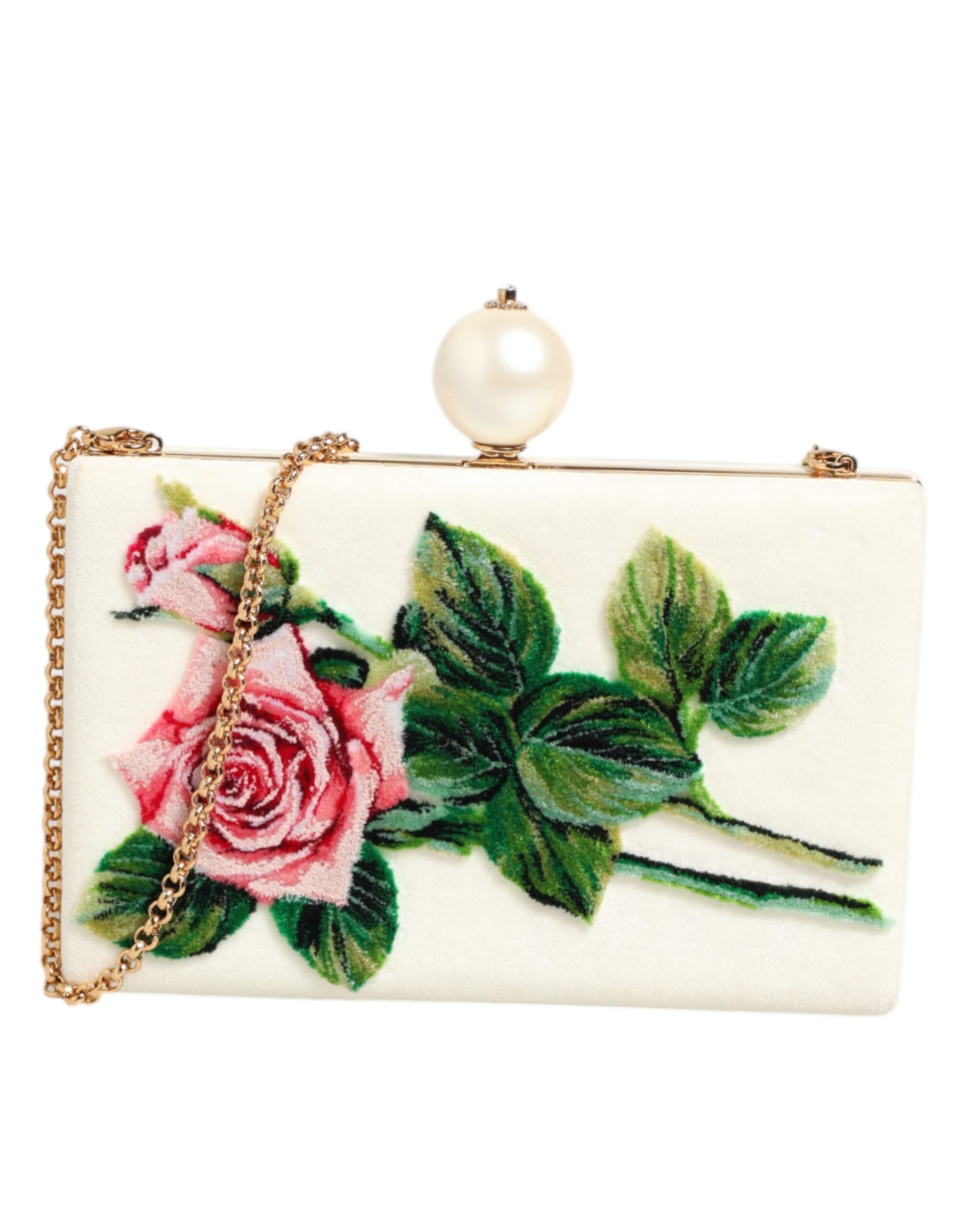 Dolce & Gabbana White Rose Embroidery Silk Gold Frame Clutch Purse Bag LUNESCAPE