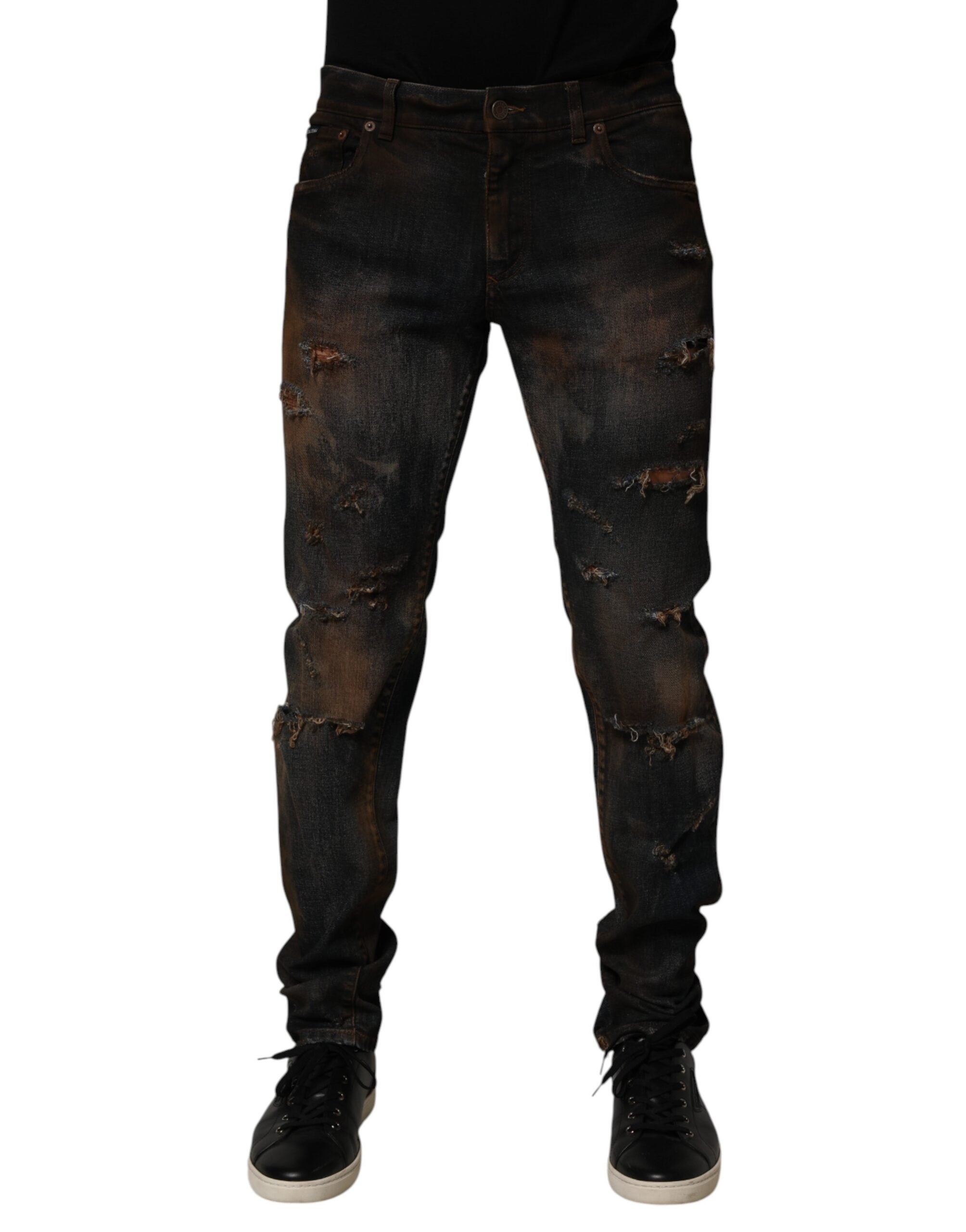 Dolce & Gabbana Black Cotton Skinny Tattered Men Denim Jeans LUNESCAPE