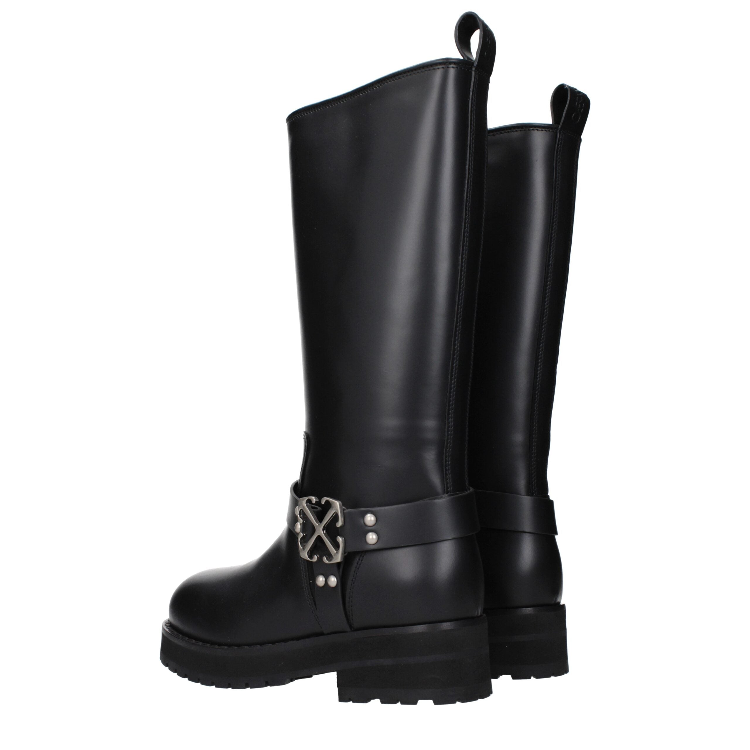 Off-White Black Leather Flat Boots
