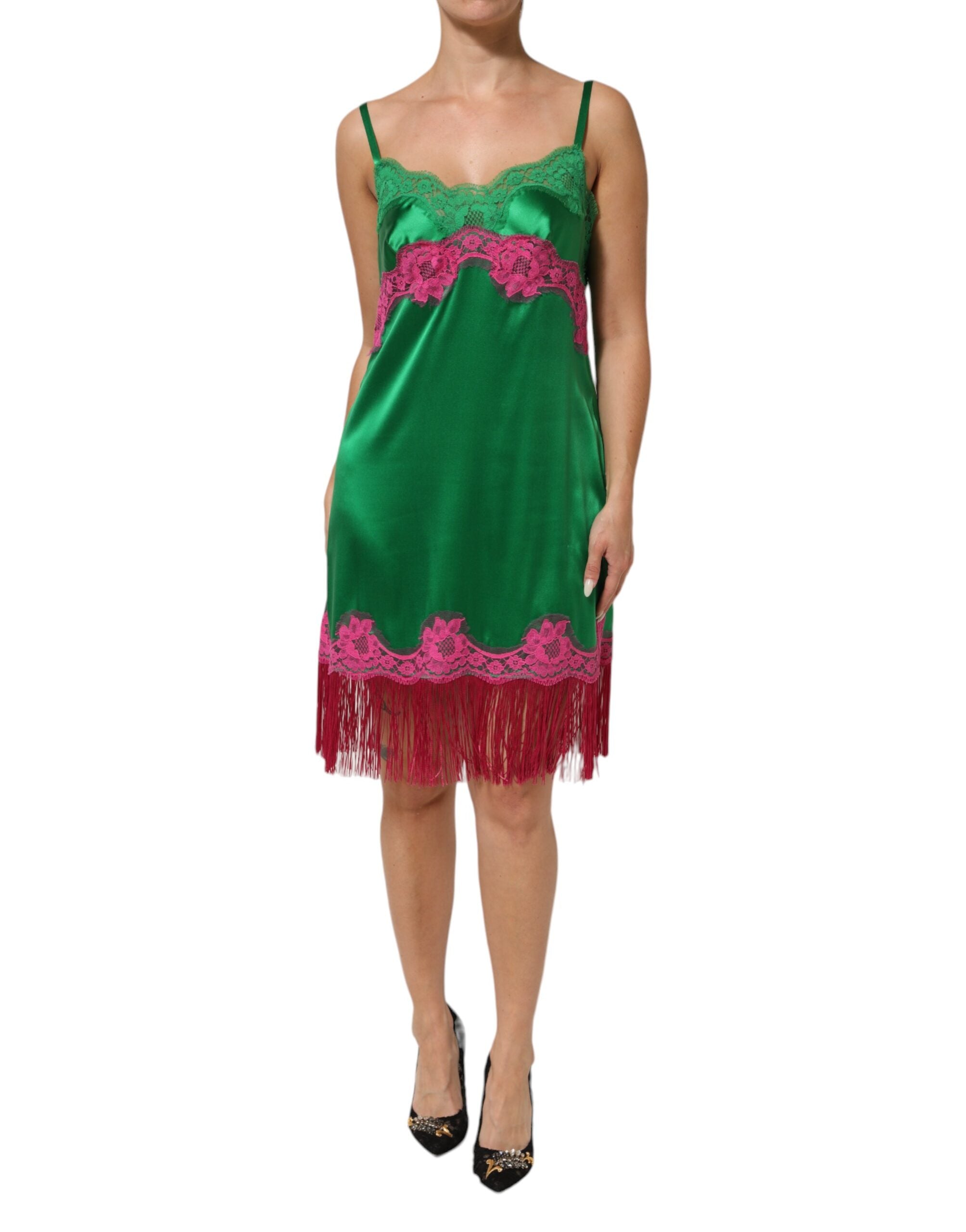 Dolce & Gabbana Green Floral Lace Fringes Lingerie Dress LUNESCAPE