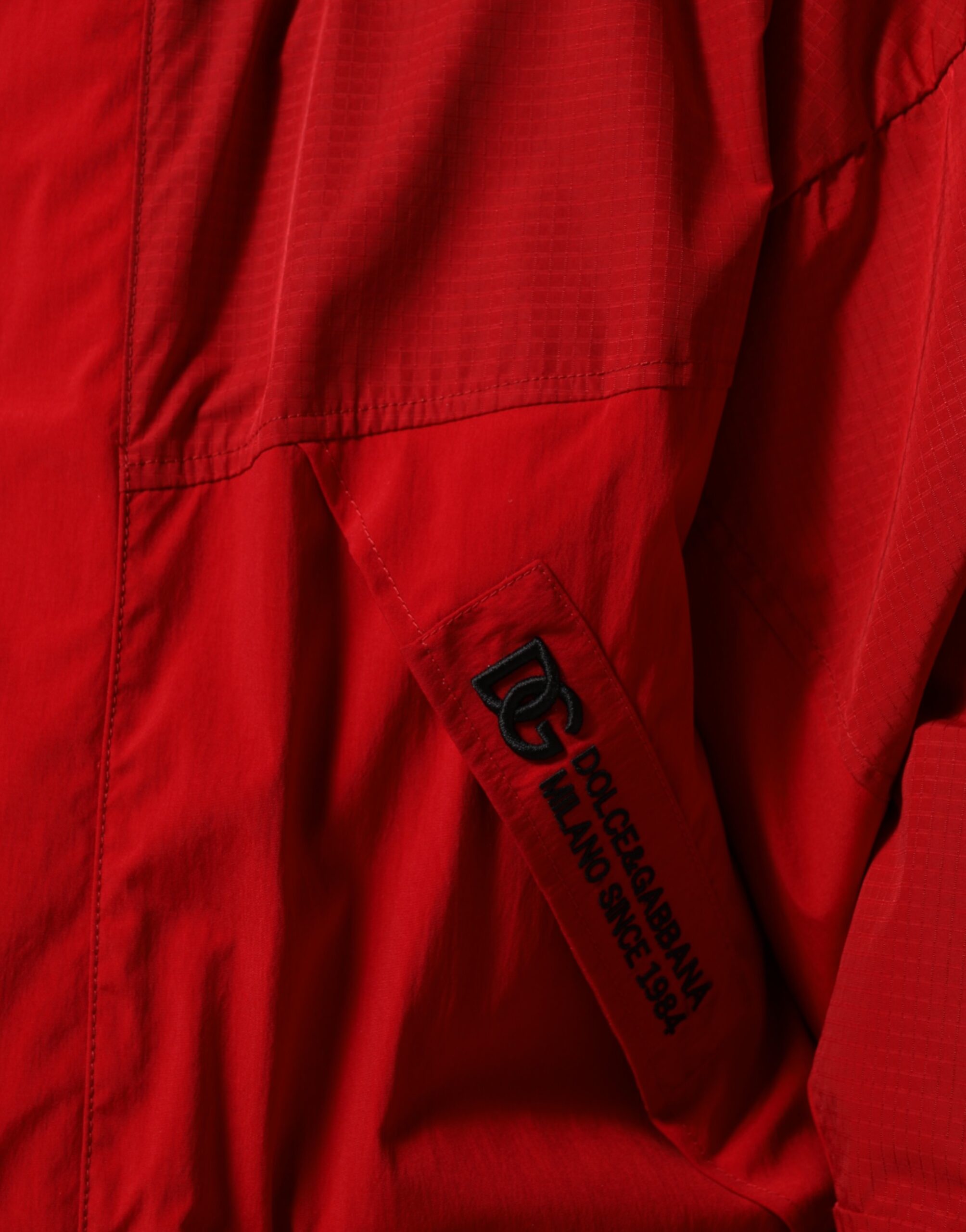Dolce & Gabbana Red Nylon Hooded Men Full Zip Parka Jacket