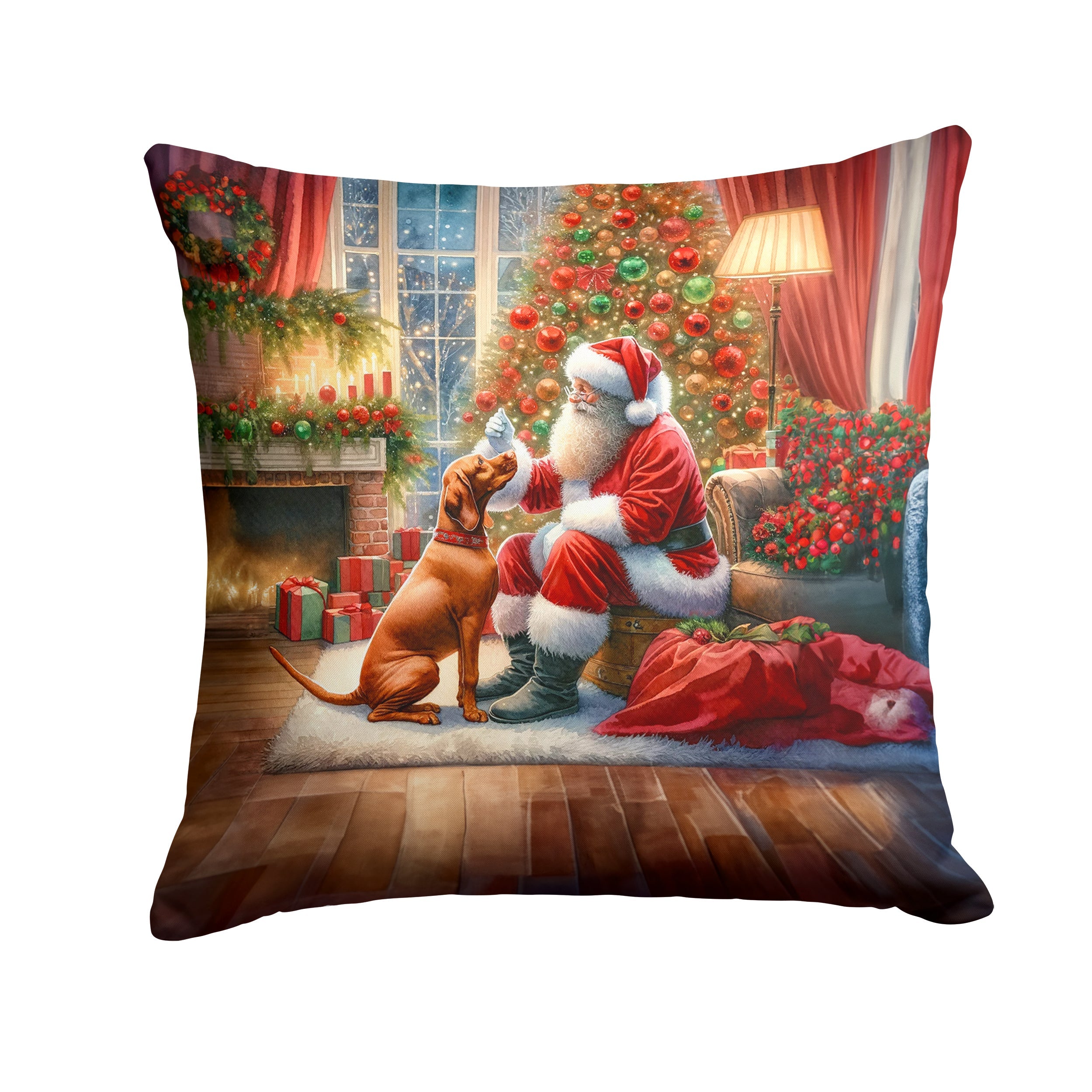 Vizsla and Santa Claus Throw Pillow LUNESCAPE