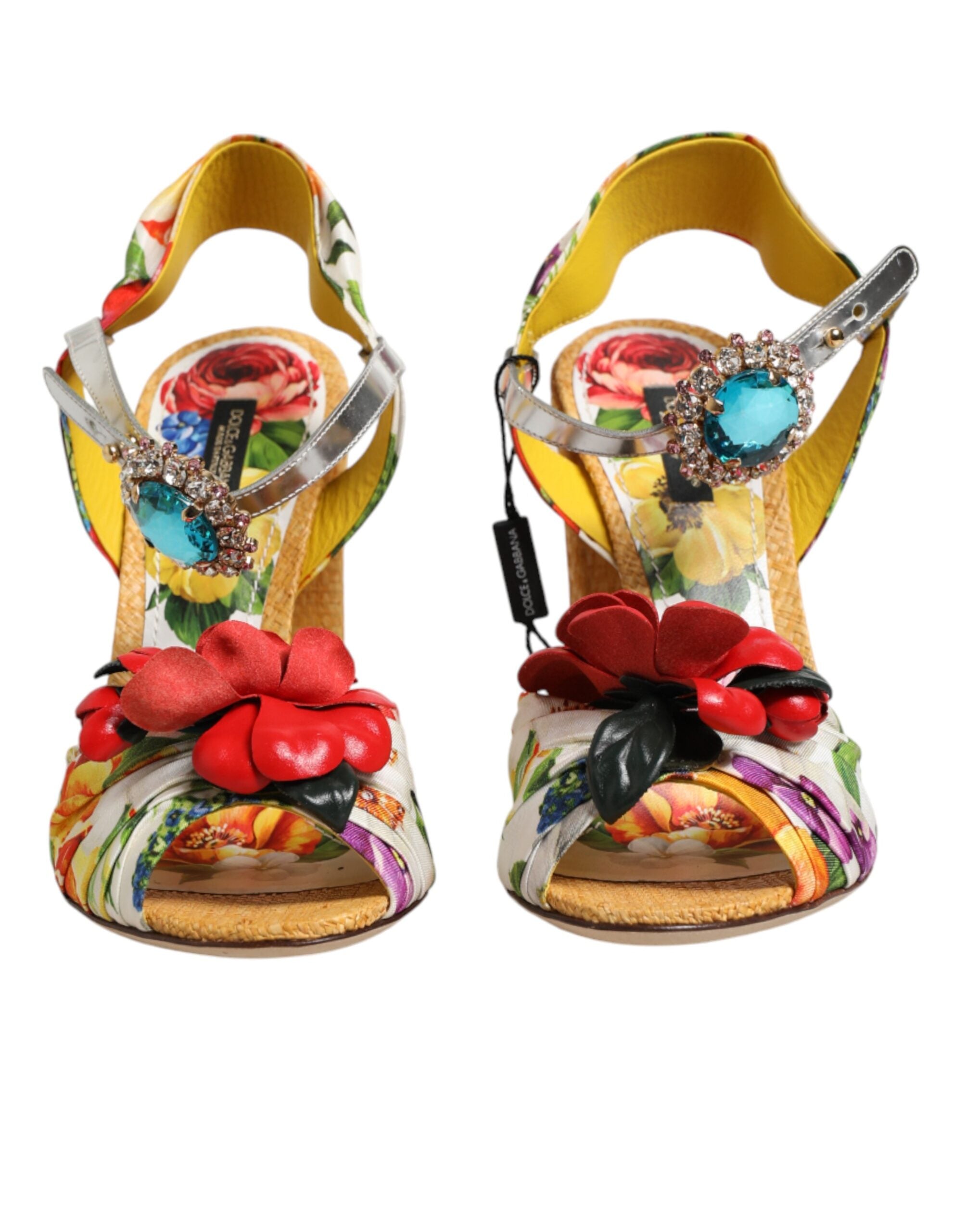 Dolce & Gabbana Yellow Floral Crystal Embellished Block Heel Slingback Sandal