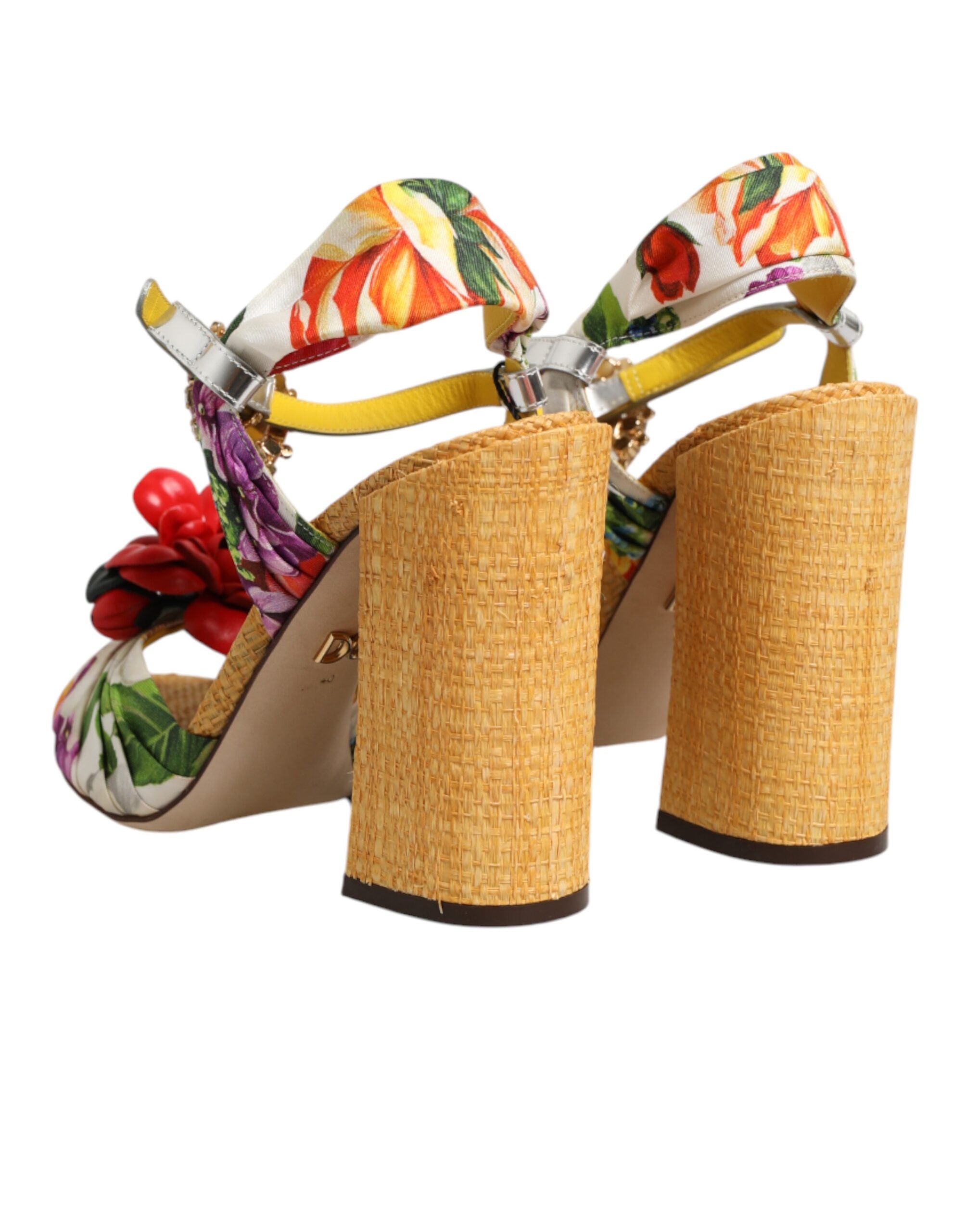 Dolce & Gabbana Yellow Floral Crystal Embellished Block Heel Slingback Sandal