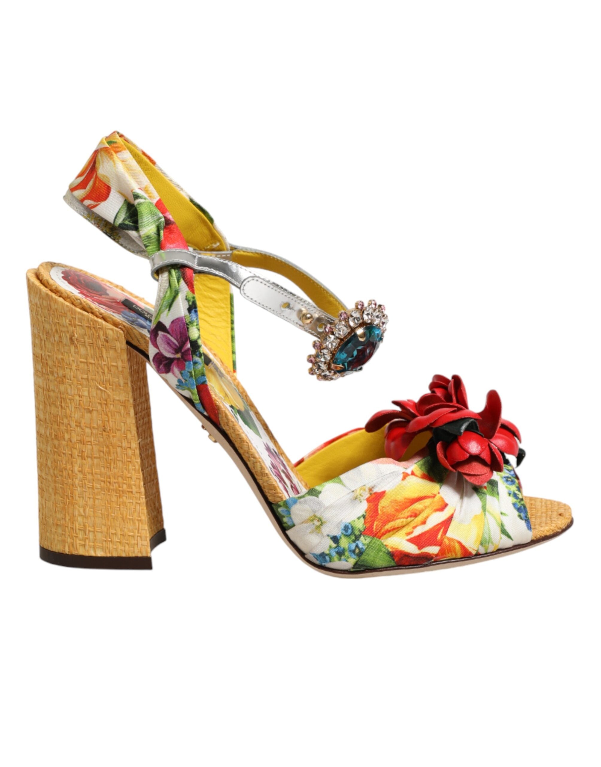 Dolce & Gabbana Yellow Floral Crystal Embellished Block Heel Slingback Sandal