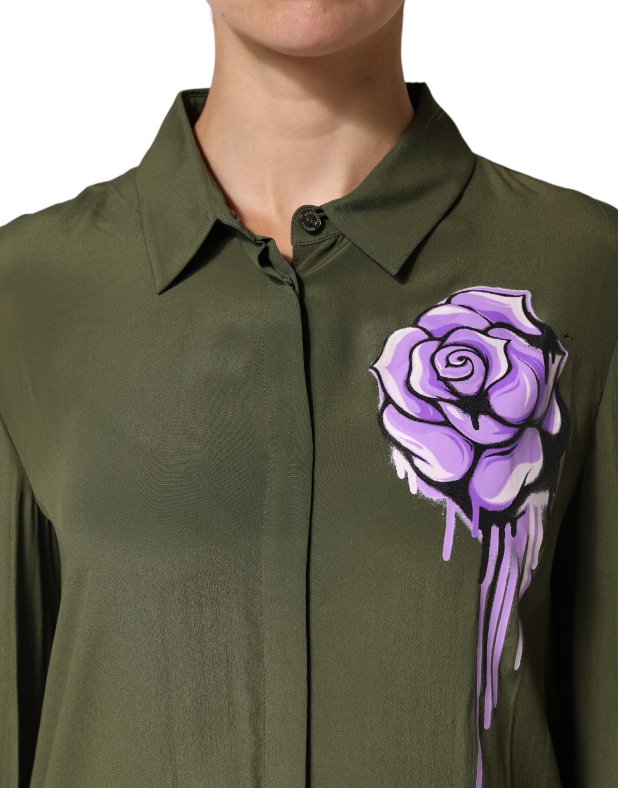 Boutique Moschino Top Green Acetate Collared Long Sleeves Floral Top