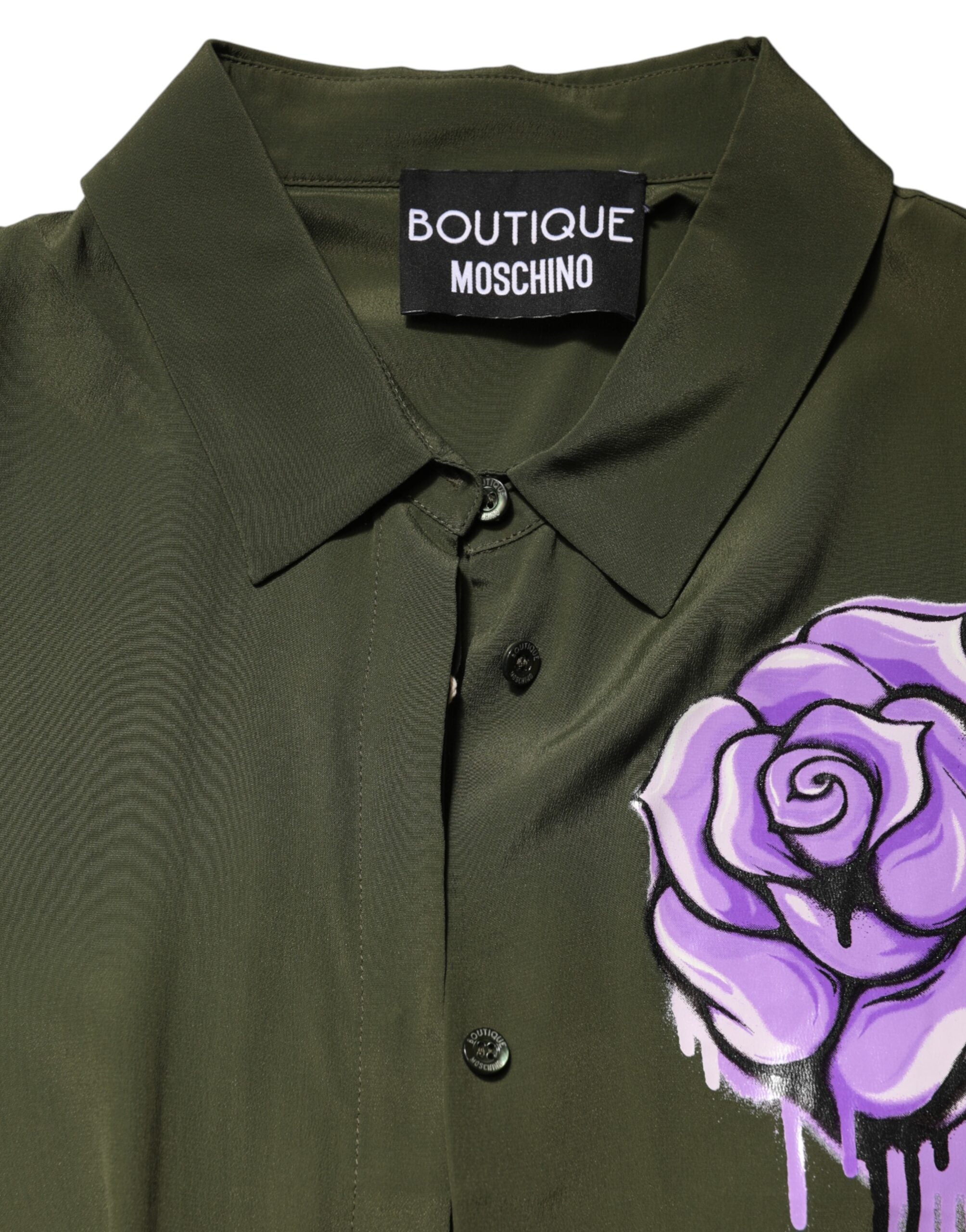 Boutique Moschino Top Green Acetate Collared Long Sleeves Floral Top