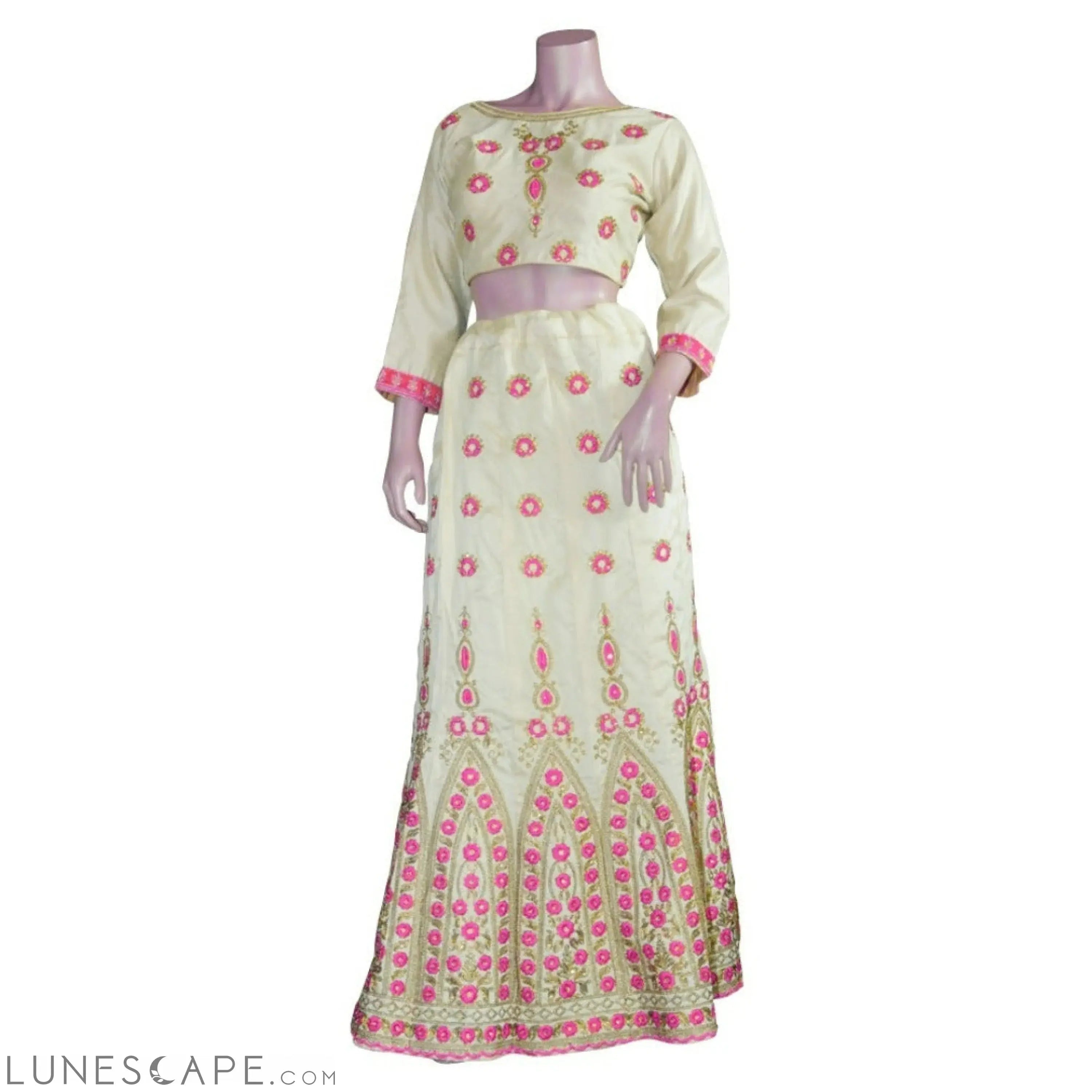 Beige Embroidered Lehenga With Orange or Pink Embroidery and Contrast Duppatta LUNESCAPE