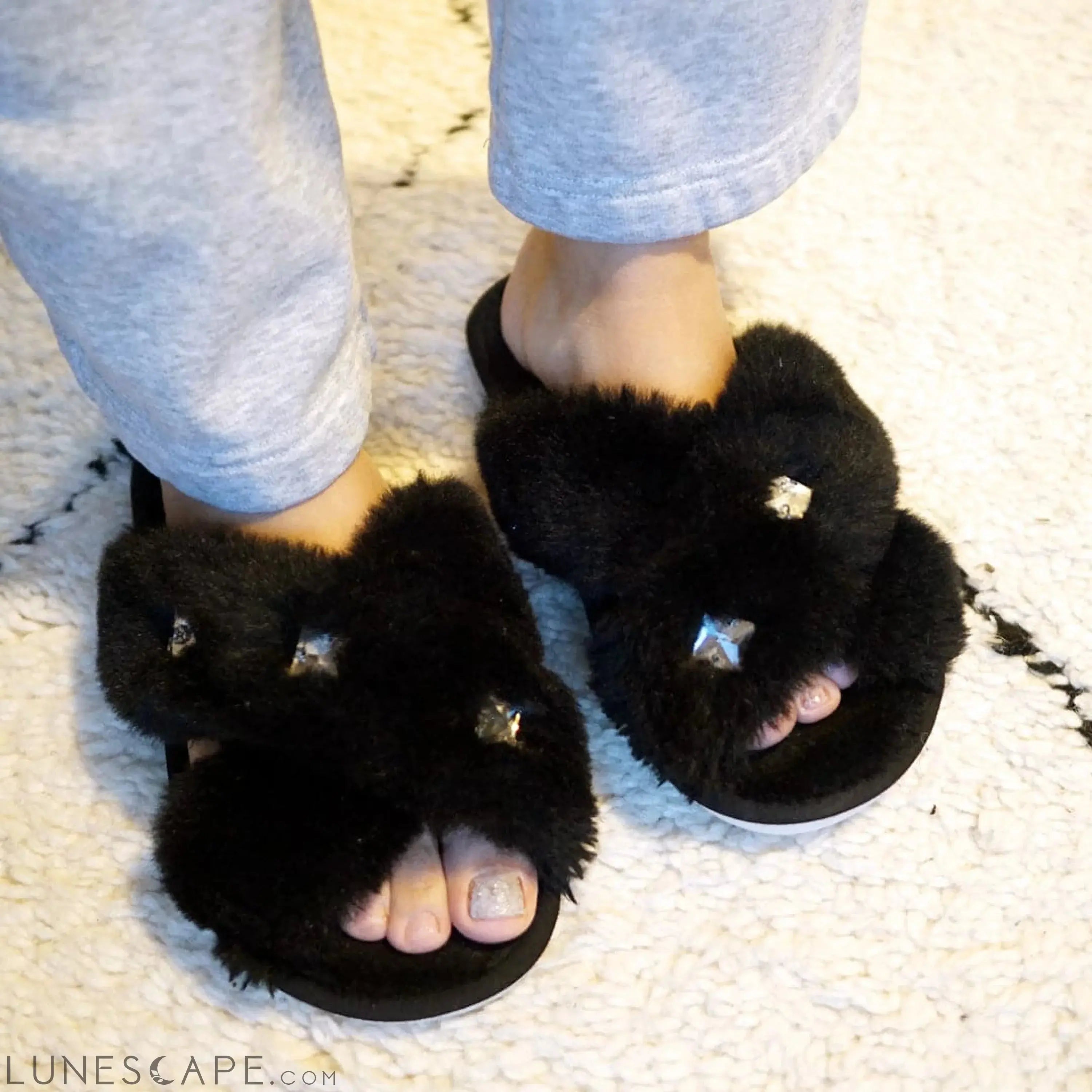 Black Fur Slippers - Studs Crystal Embellished Fluffy Womens Room Shoes LUNESCAPE