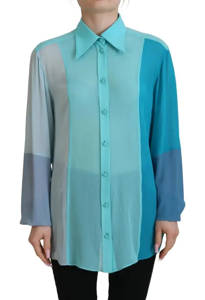 Dolce & Gabbana Blue Collar Long Sleeve Blouse Silk Top LUNESCAPE