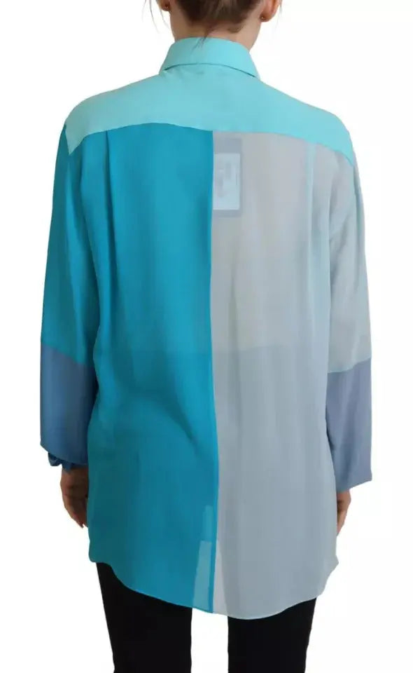 Dolce & Gabbana Blue Collar Long Sleeve Blouse Silk Top LUNESCAPE