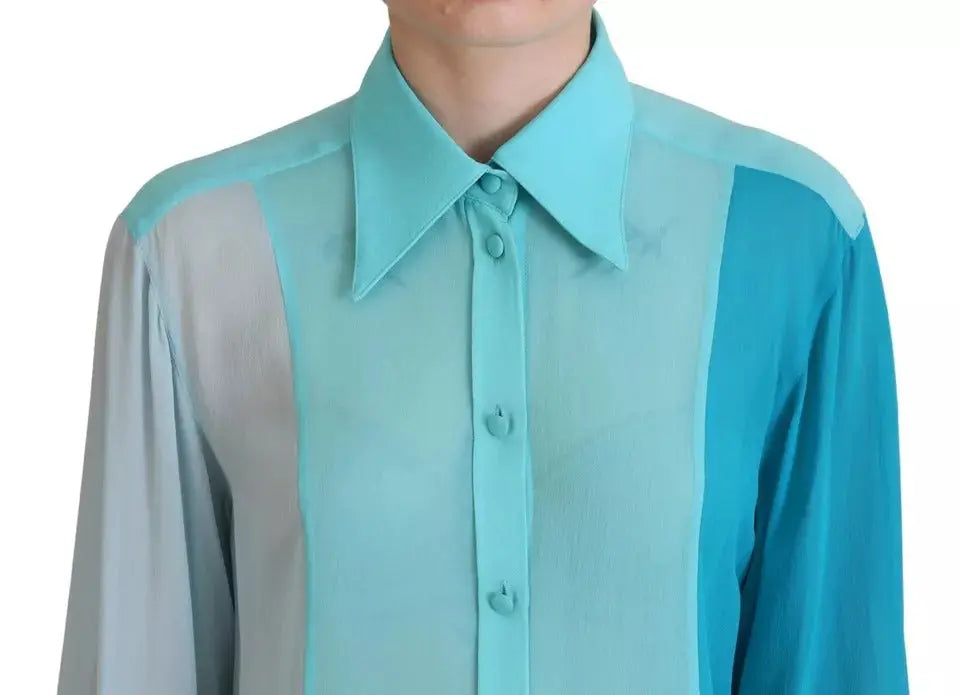 Dolce & Gabbana Blue Collar Long Sleeve Blouse Silk Top LUNESCAPE