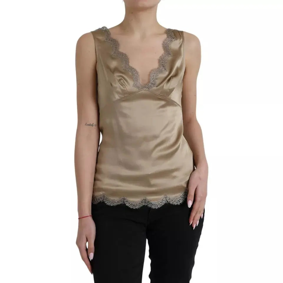 Dolce & Gabbana Brown Lace Trim V-neck Sleeveless Tank Top LUNESCAPE