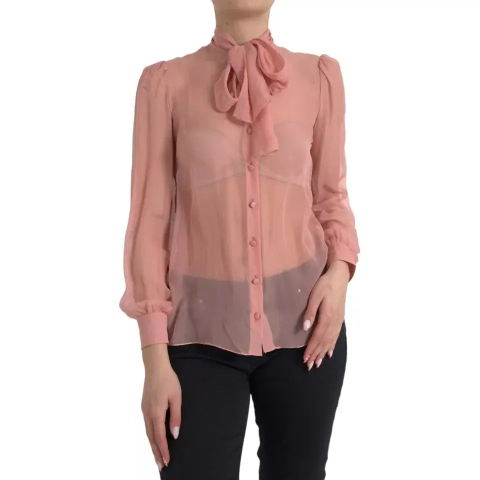 Dolce & Gabbana Pink Long Sleeves Ascot Collar Top Blouse LUNESCAPE