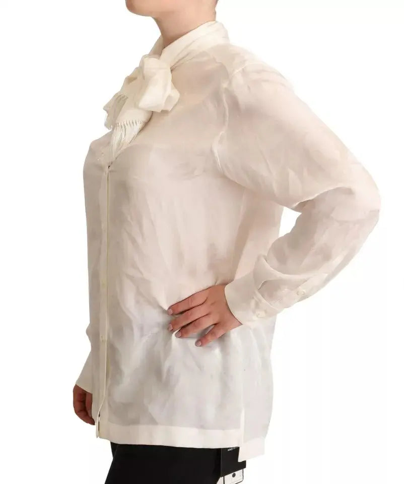 Dolce & Gabbana White Blouse Ascot Collar Shirt Silk Button Top LUNESCAPE