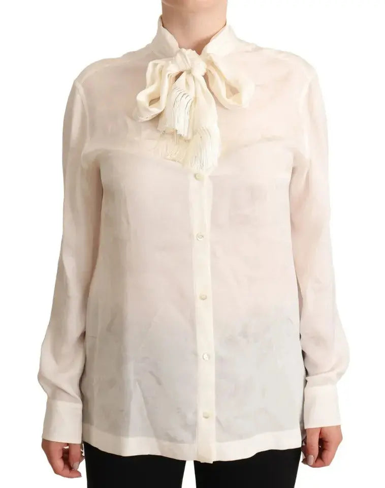 Dolce & Gabbana White Blouse Ascot Collar Shirt Silk Button Top LUNESCAPE