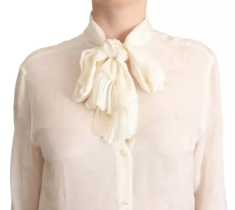 Dolce & Gabbana White Blouse Ascot Collar Shirt Silk Button Top LUNESCAPE