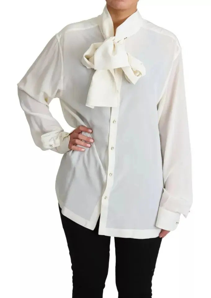 Dolce & Gabbana White Blouse Ascot Collar Shirt Silk Top LUNESCAPE