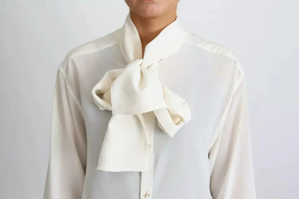 Dolce & Gabbana White Blouse Ascot Collar Shirt Silk Top LUNESCAPE