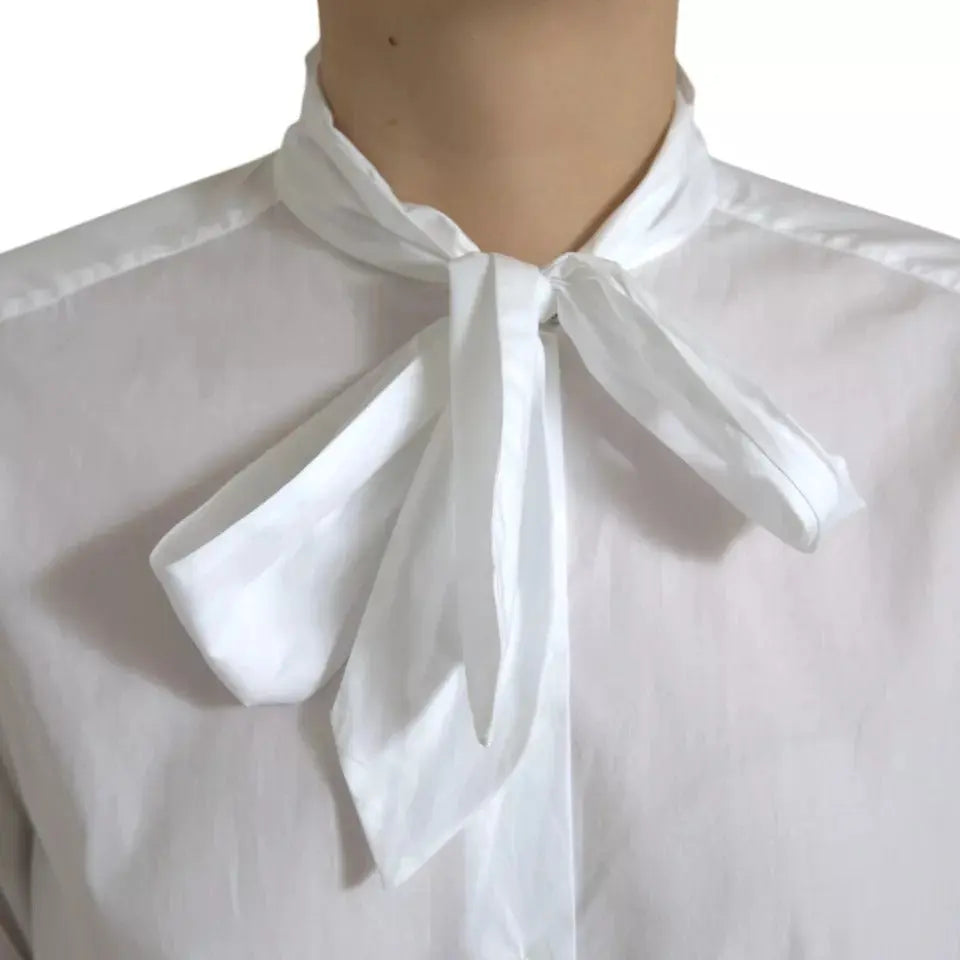 Dolce & Gabbana White Cotton Ascot Collar Long Sleeves Top LUNESCAPE