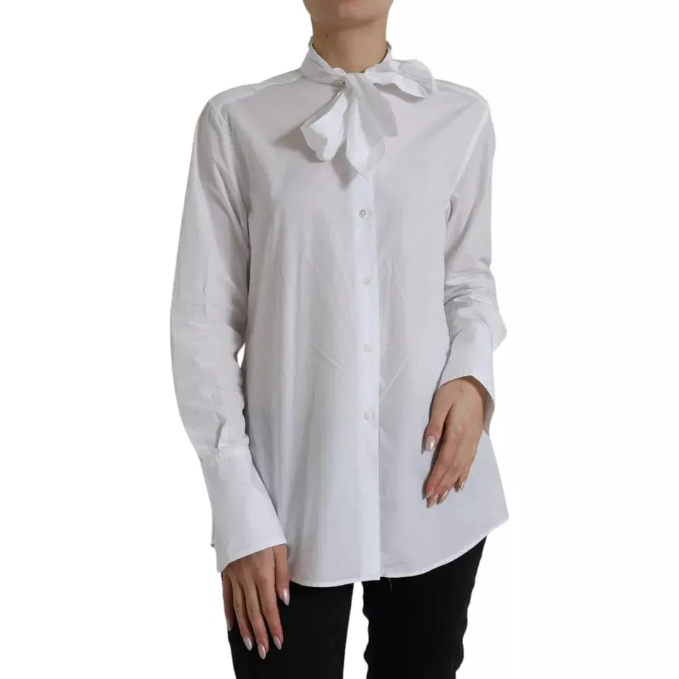 Dolce & Gabbana White Cotton Ascot Collar Long Sleeves Top LUNESCAPE