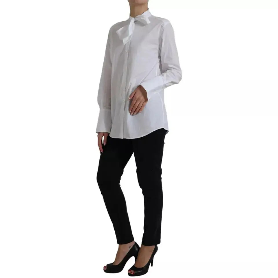 Dolce & Gabbana White Cotton Ascot Collar Long Sleeves Top LUNESCAPE