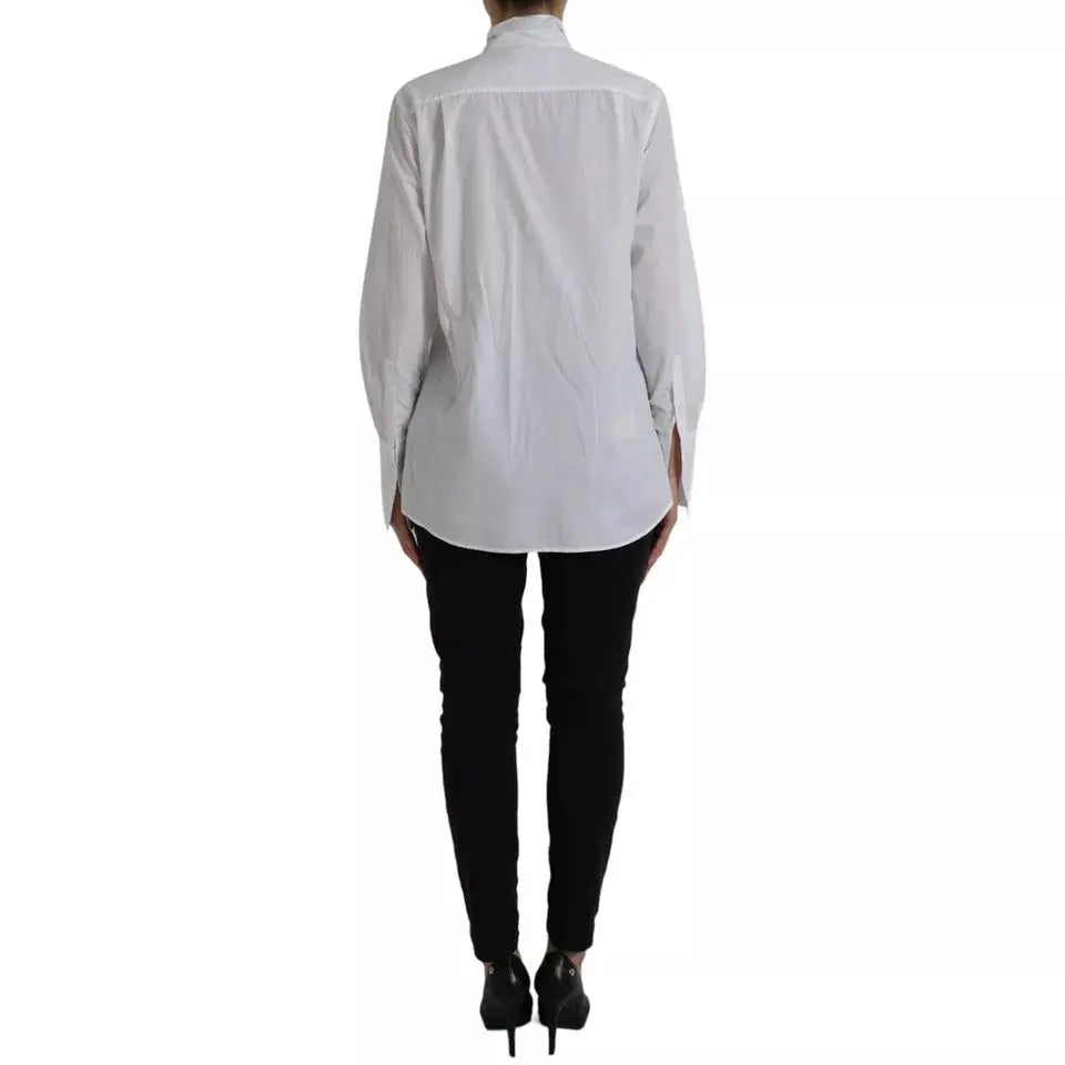 Dolce & Gabbana White Cotton Ascot Collar Long Sleeves Top LUNESCAPE