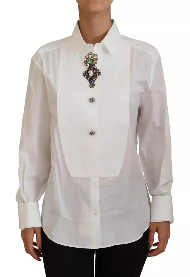 Dolce & Gabbana White Cotton Crystals Shirt Embellished Top LUNESCAPE