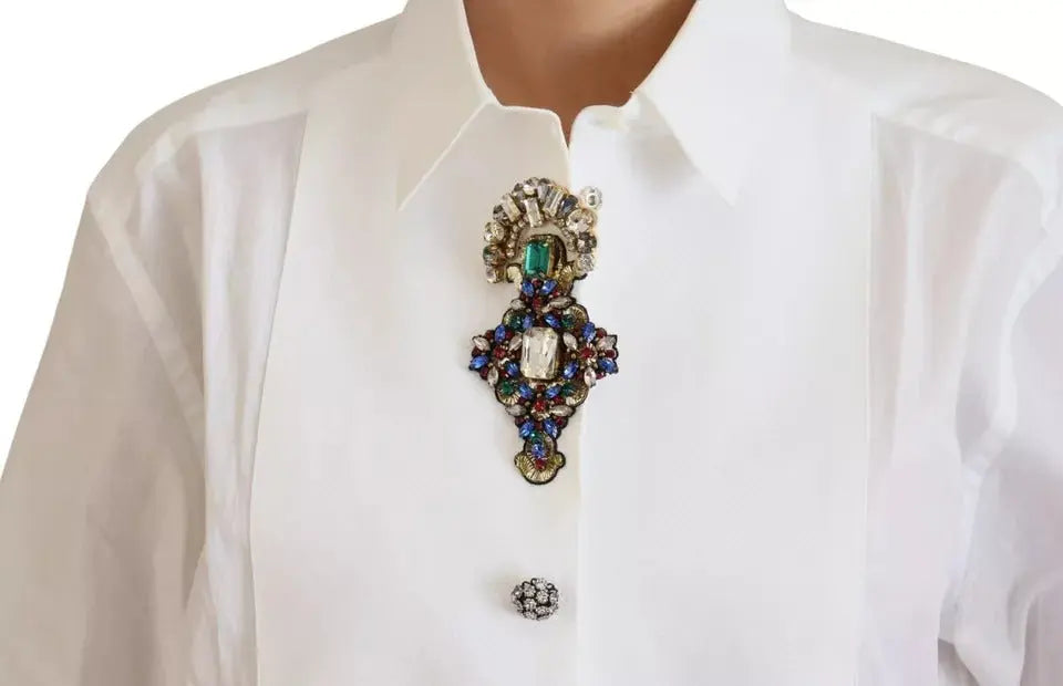 Dolce & Gabbana White Cotton Crystals Shirt Embellished Top LUNESCAPE