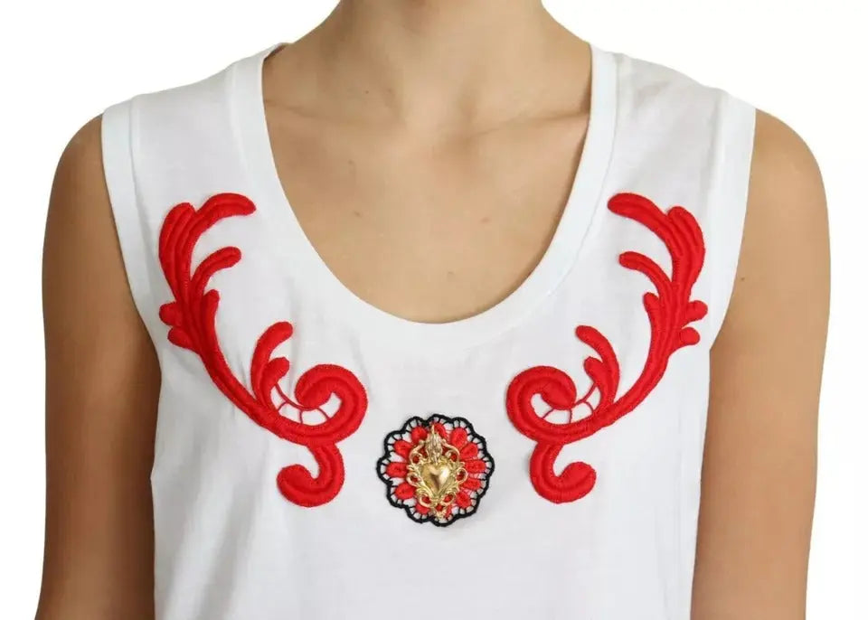 Dolce & Gabbana White Cotton Heart Applique Sleeveless Tank Top LUNESCAPE