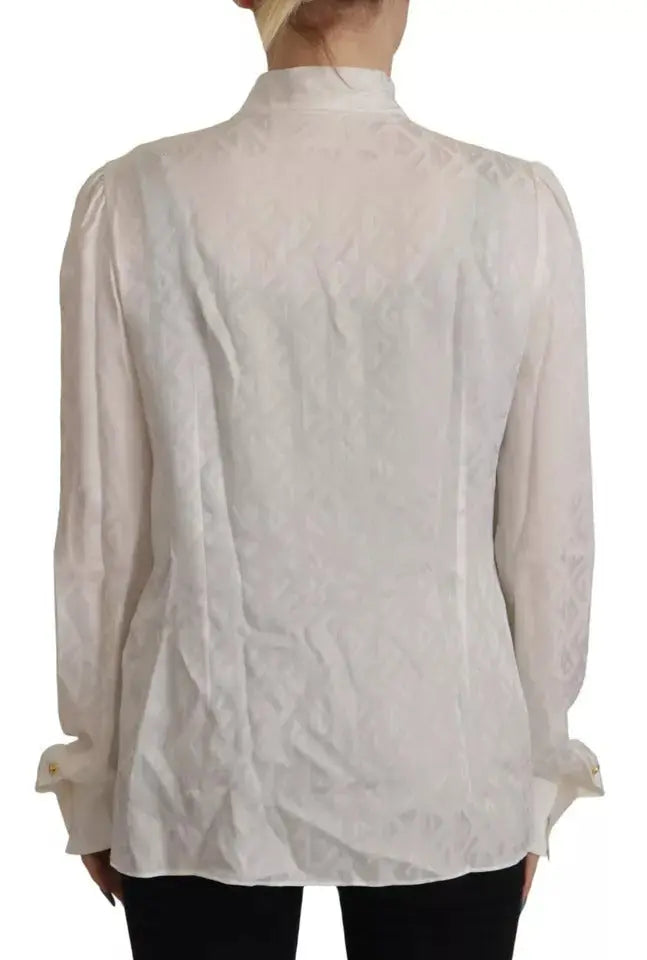 Dolce & Gabbana White Patterned Silk Ascot Collar Blouse Top LUNESCAPE