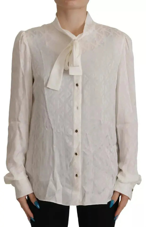 Dolce & Gabbana White Patterned Silk Ascot Collar Blouse Top LUNESCAPE