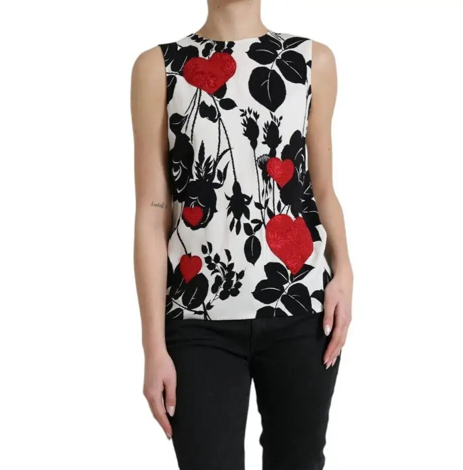 Dolce & Gabbana White Rose Print Heart Embroidered Tank Top LUNESCAPE