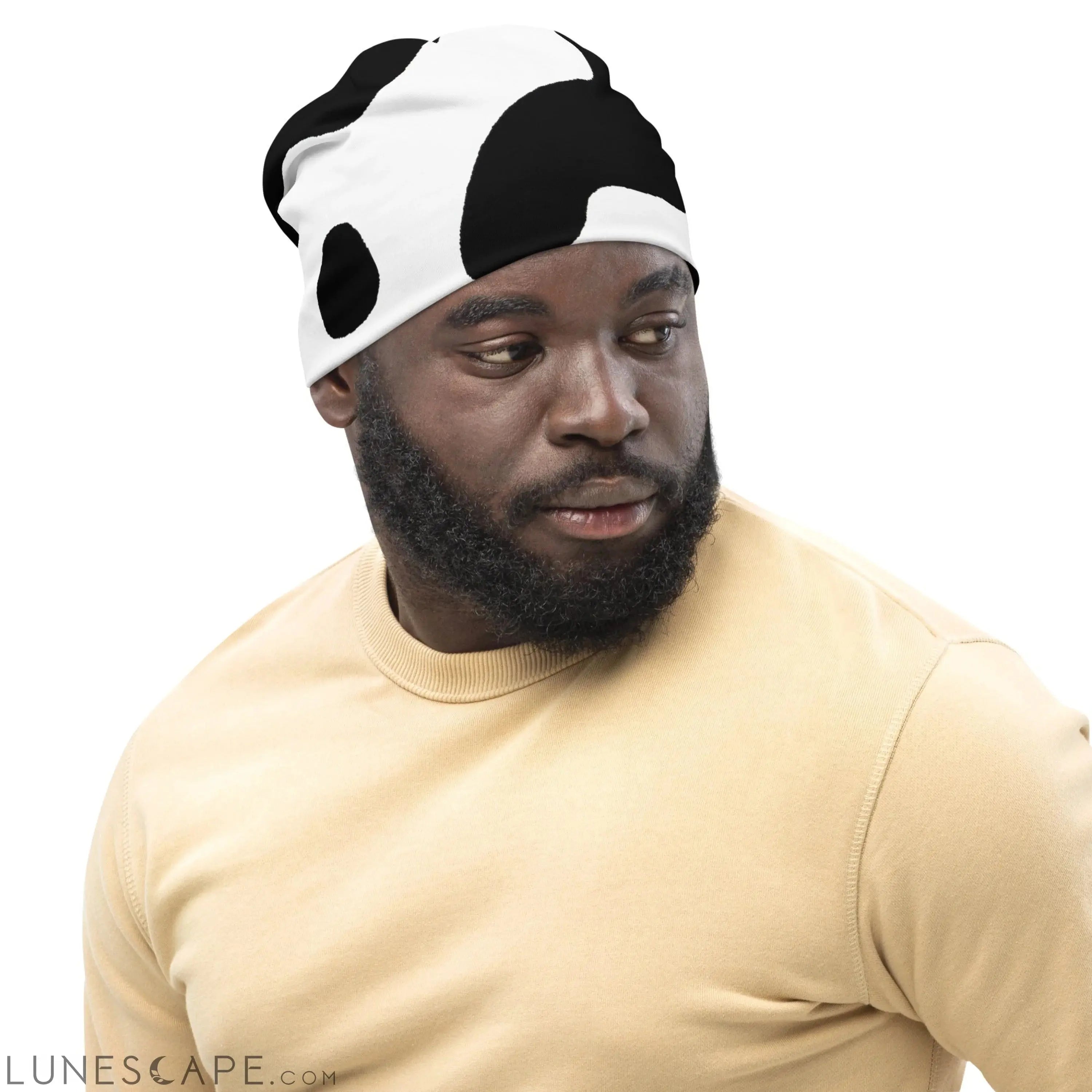 Double-layered Beanie Hat Black White Cow Print LUNESCAPE