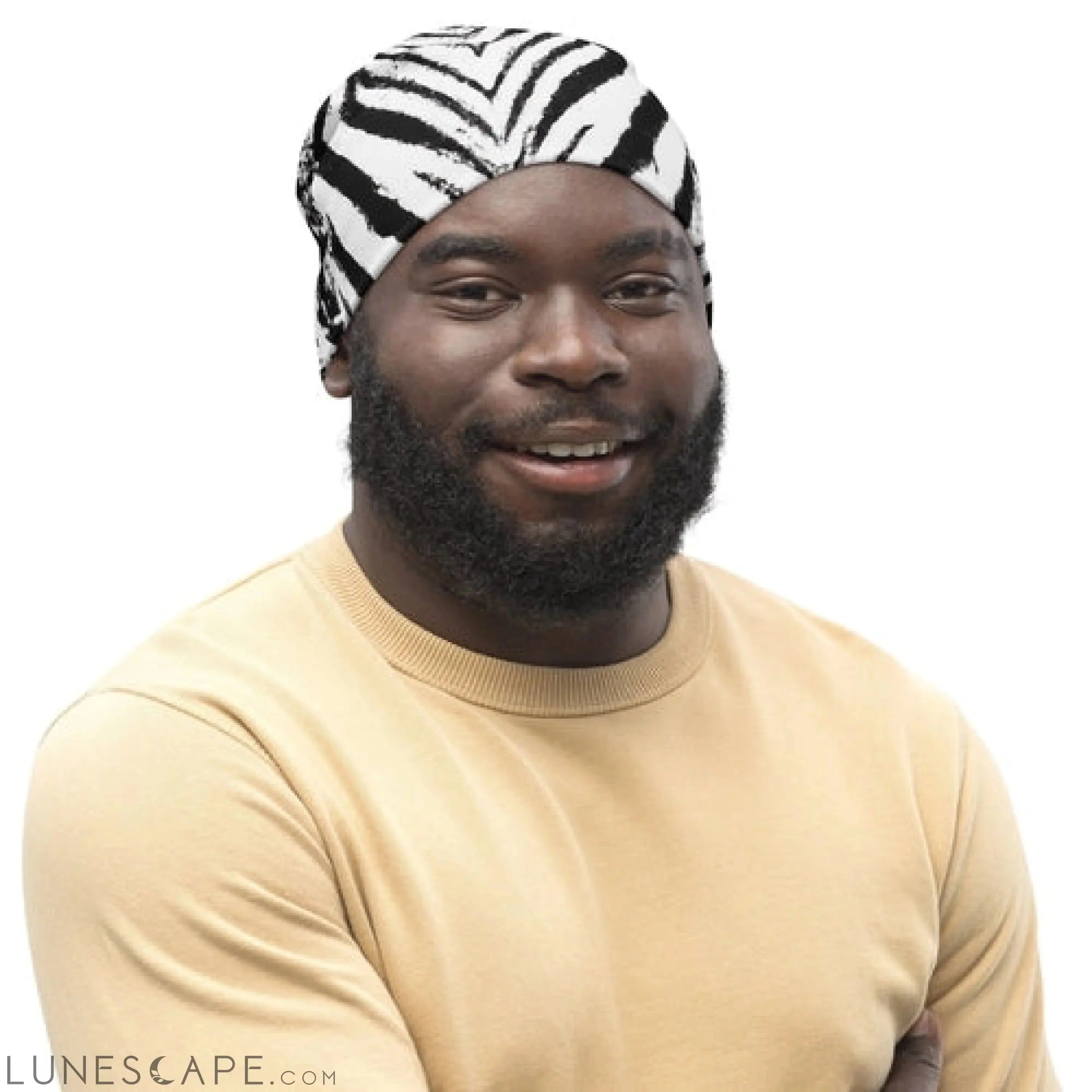 Double-layered Beanie Hat Black White Native Print LUNESCAPE