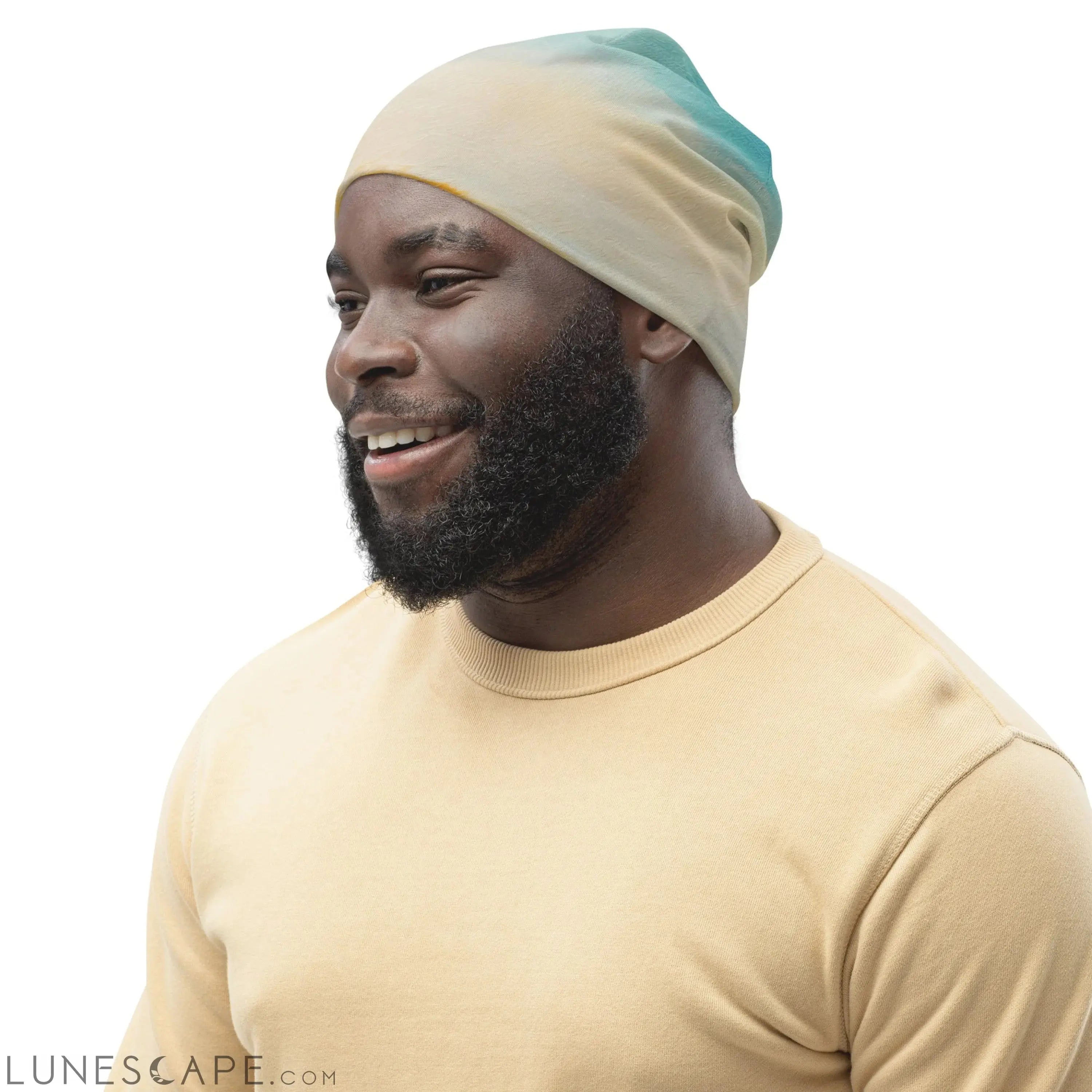 Double-layered Beanie Hat Blue Ocean Golden Sunset Print 4 LUNESCAPE