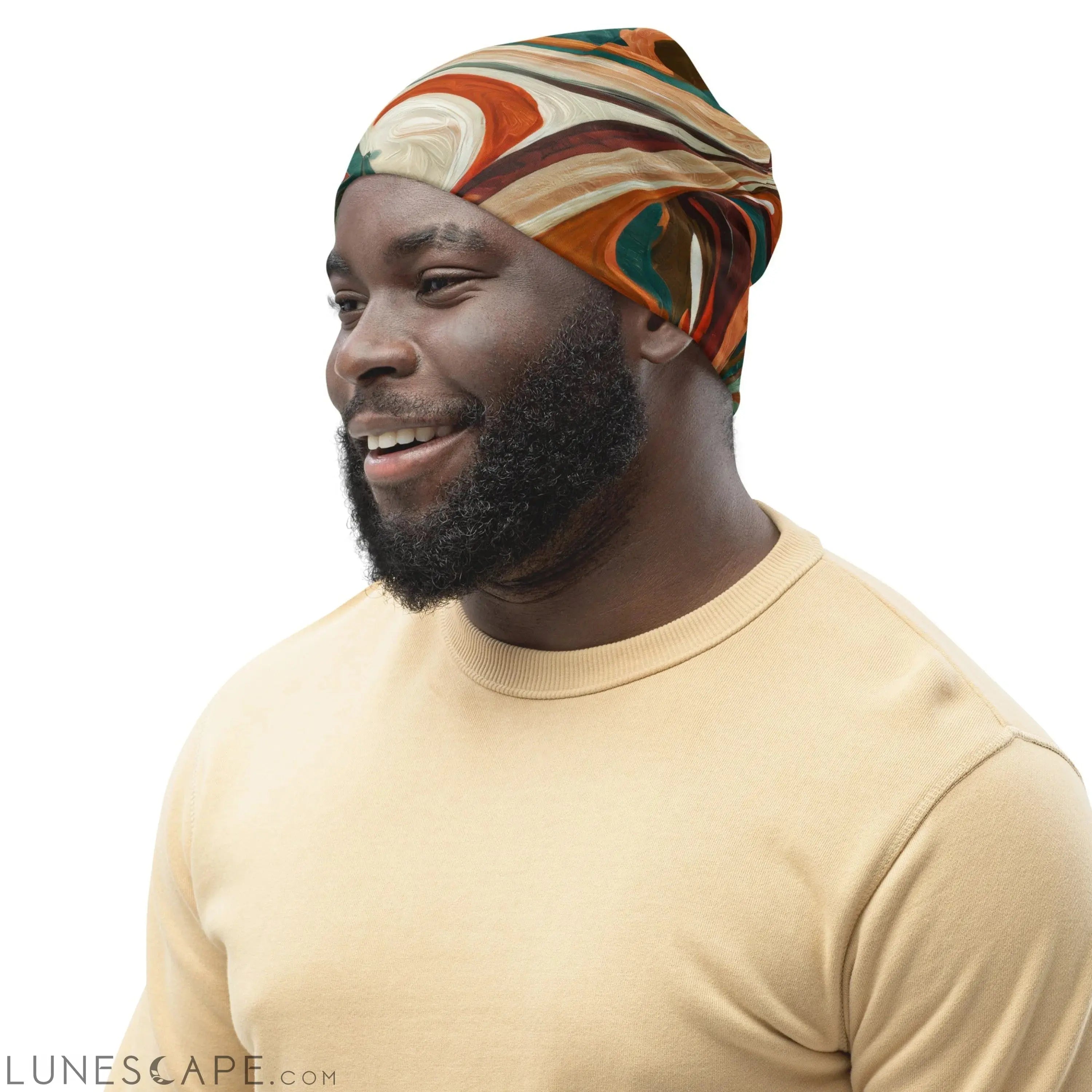 Double-layered Beanie Hat Boho Brown Marble Print LUNESCAPE
