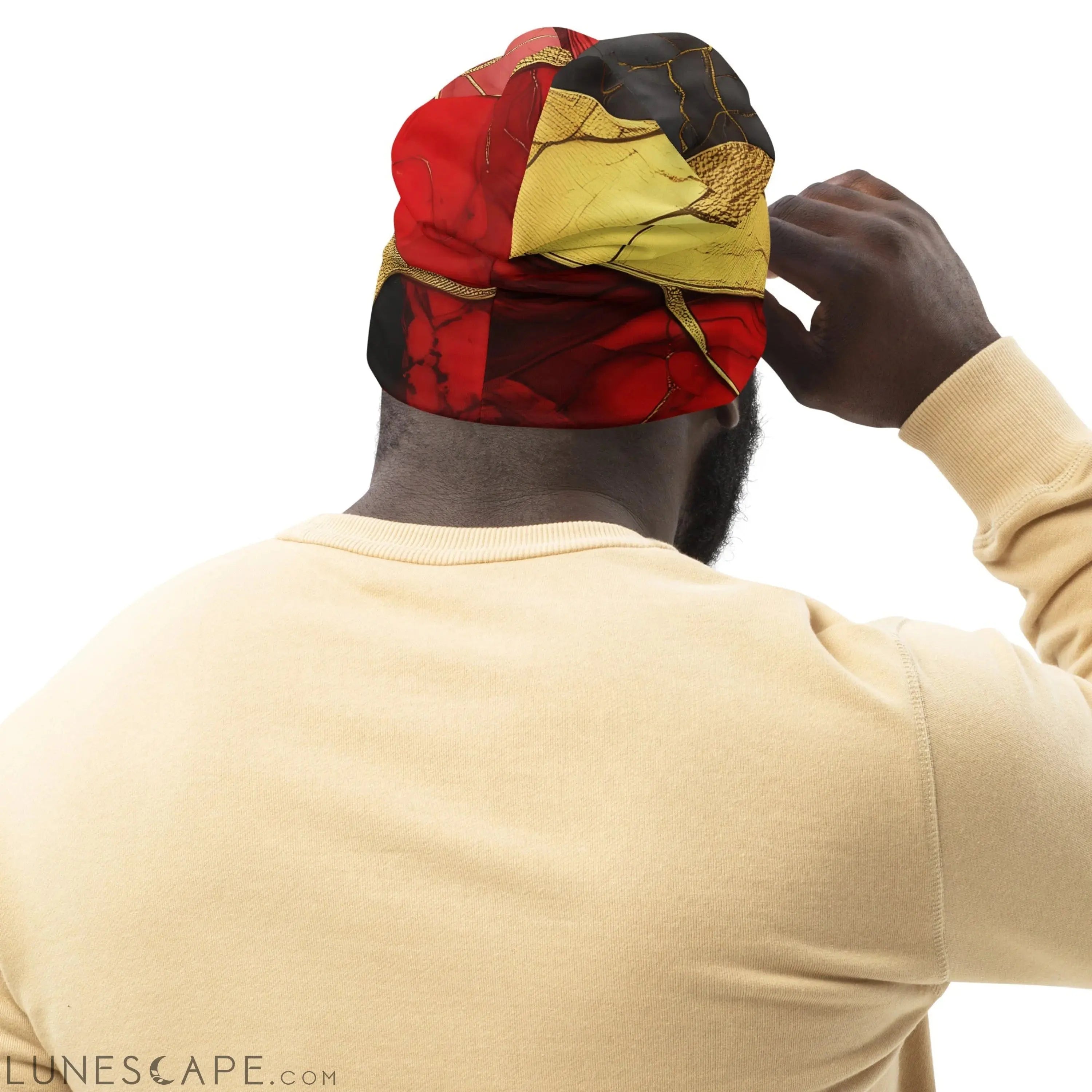 Double-layered Beanie Hat Bold Red Gold Tones Print LUNESCAPE