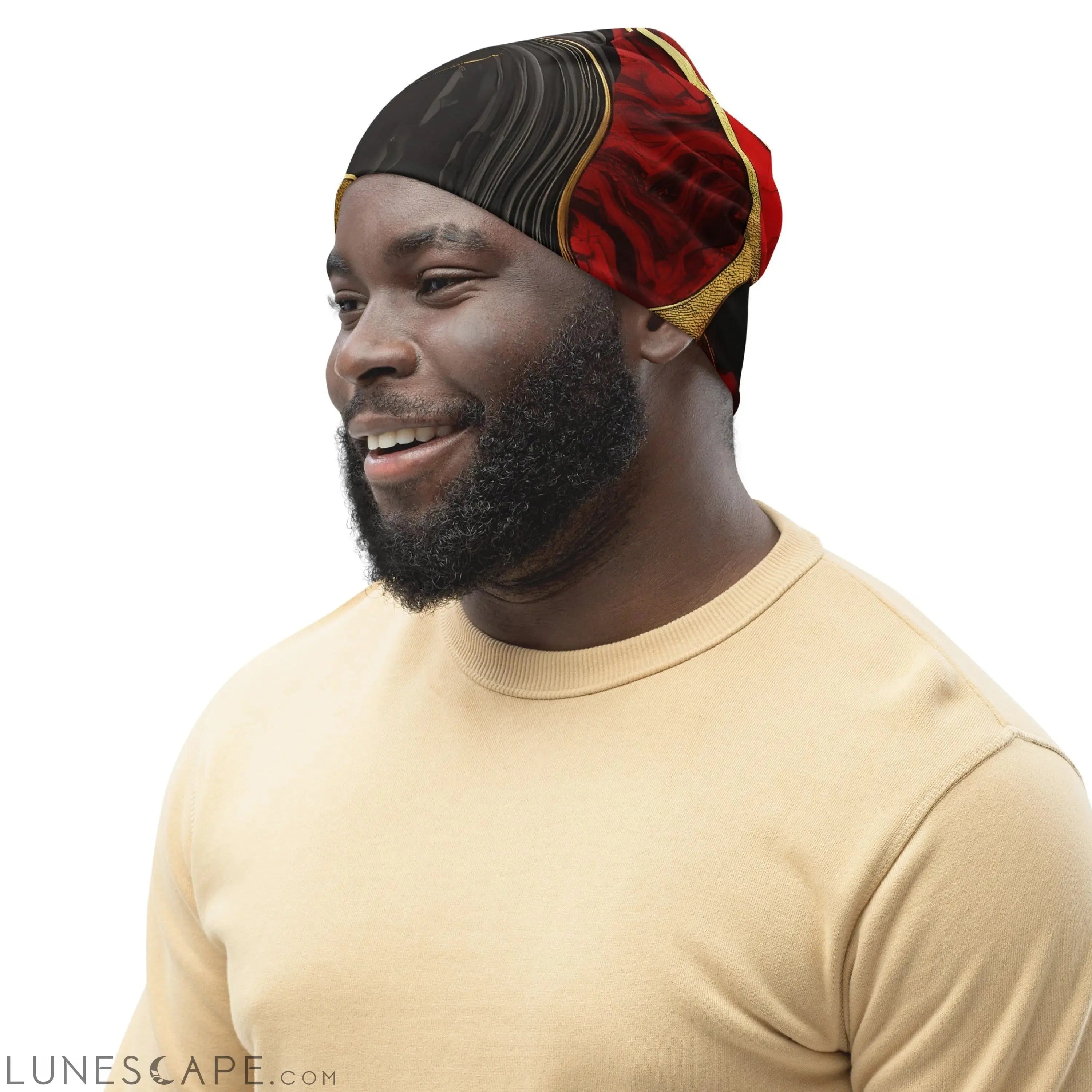 Double-layered Beanie Hat Bold Red Gold Tones Print LUNESCAPE