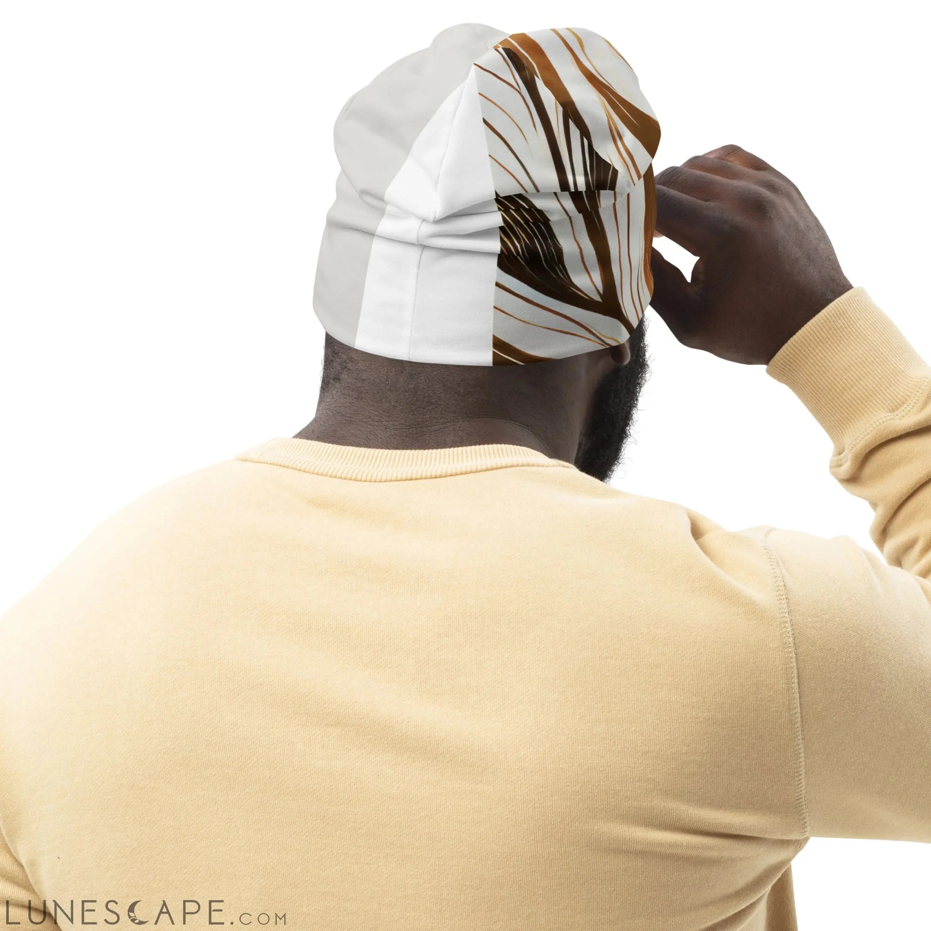 Double-layered Beanie Hat Brown Floral Lines 8 LUNESCAPE