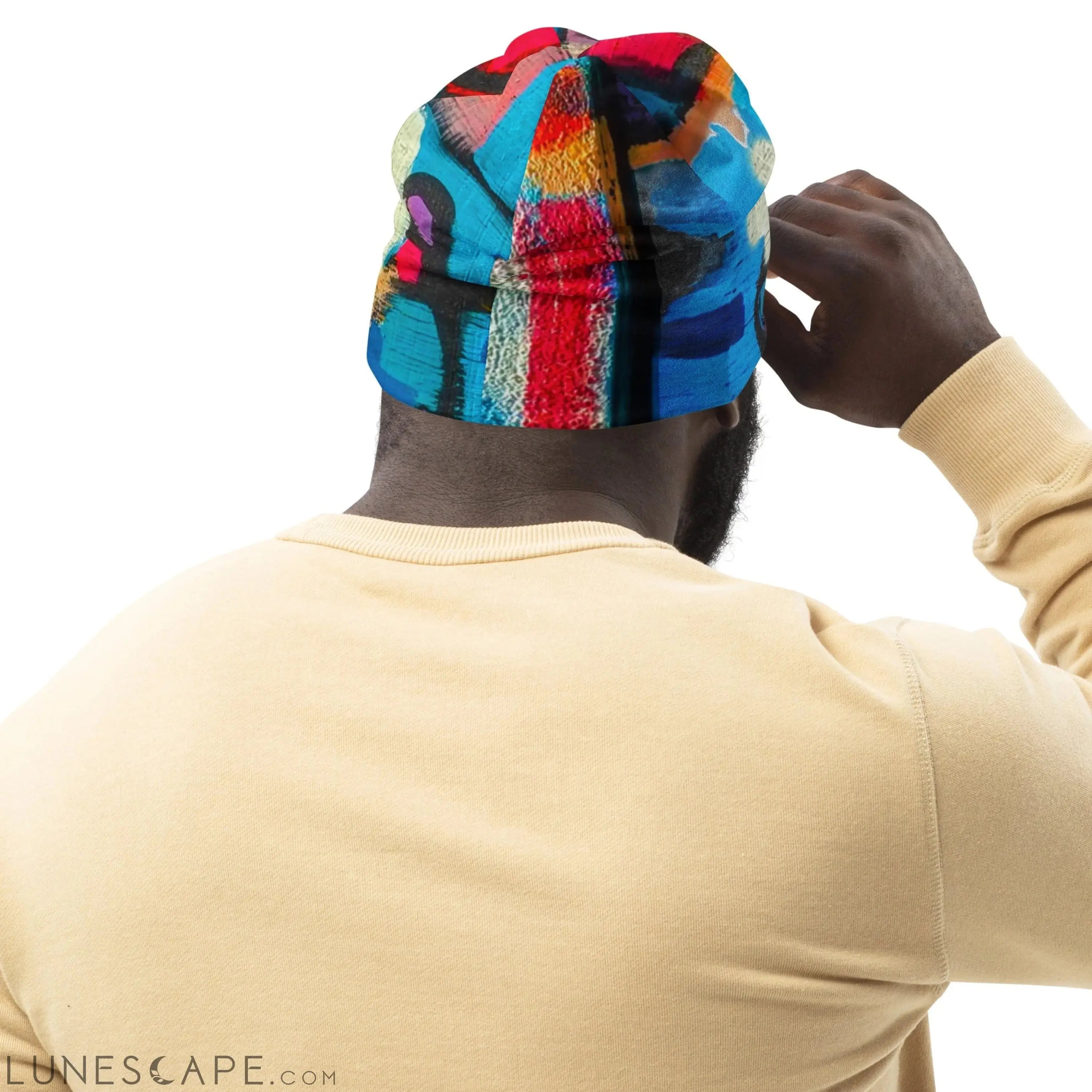 Double-layered Beanie Hat Sutileza Red Multicolor Abstract Print LUNESCAPE