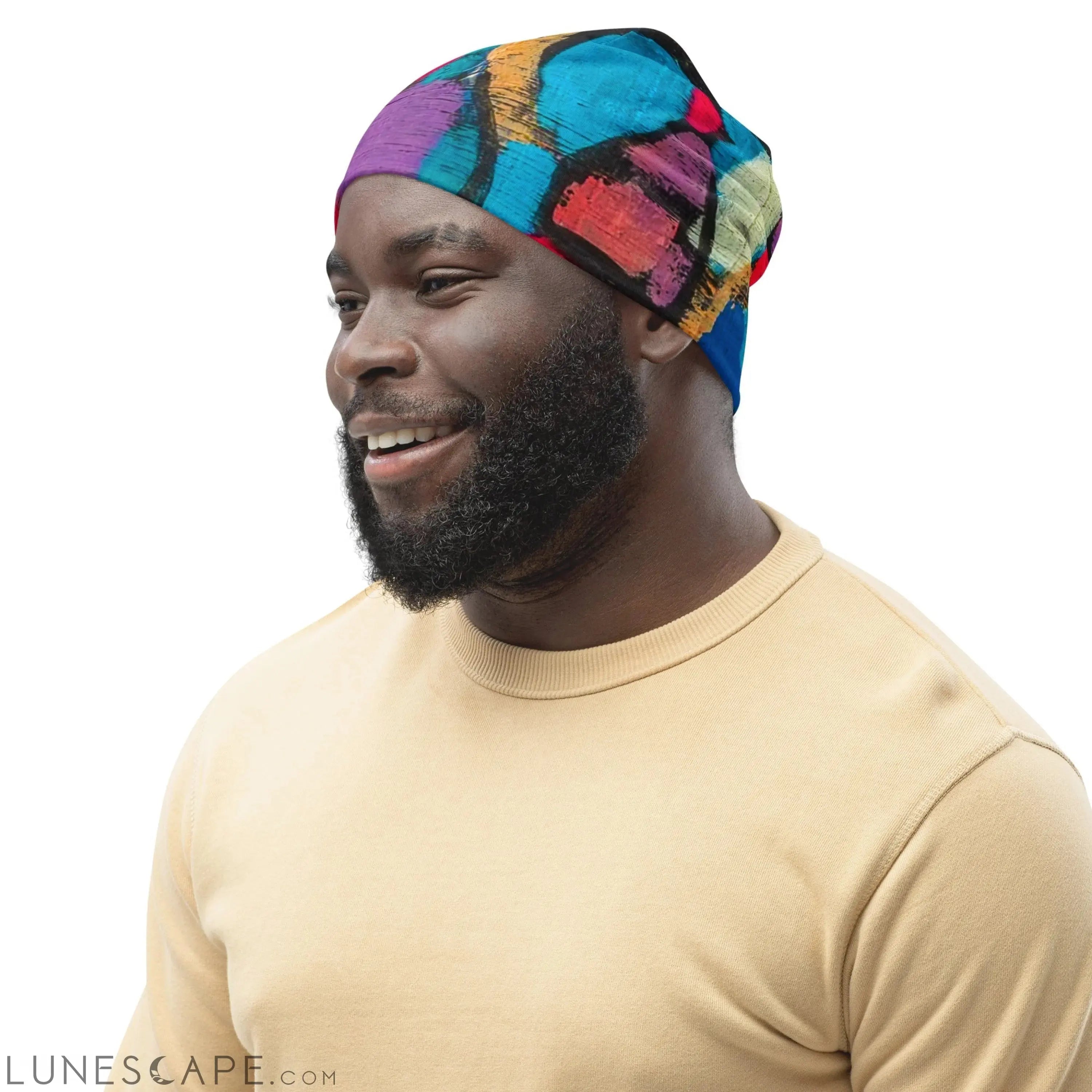 Double-layered Beanie Hat Sutileza Red Multicolor Abstract Print LUNESCAPE