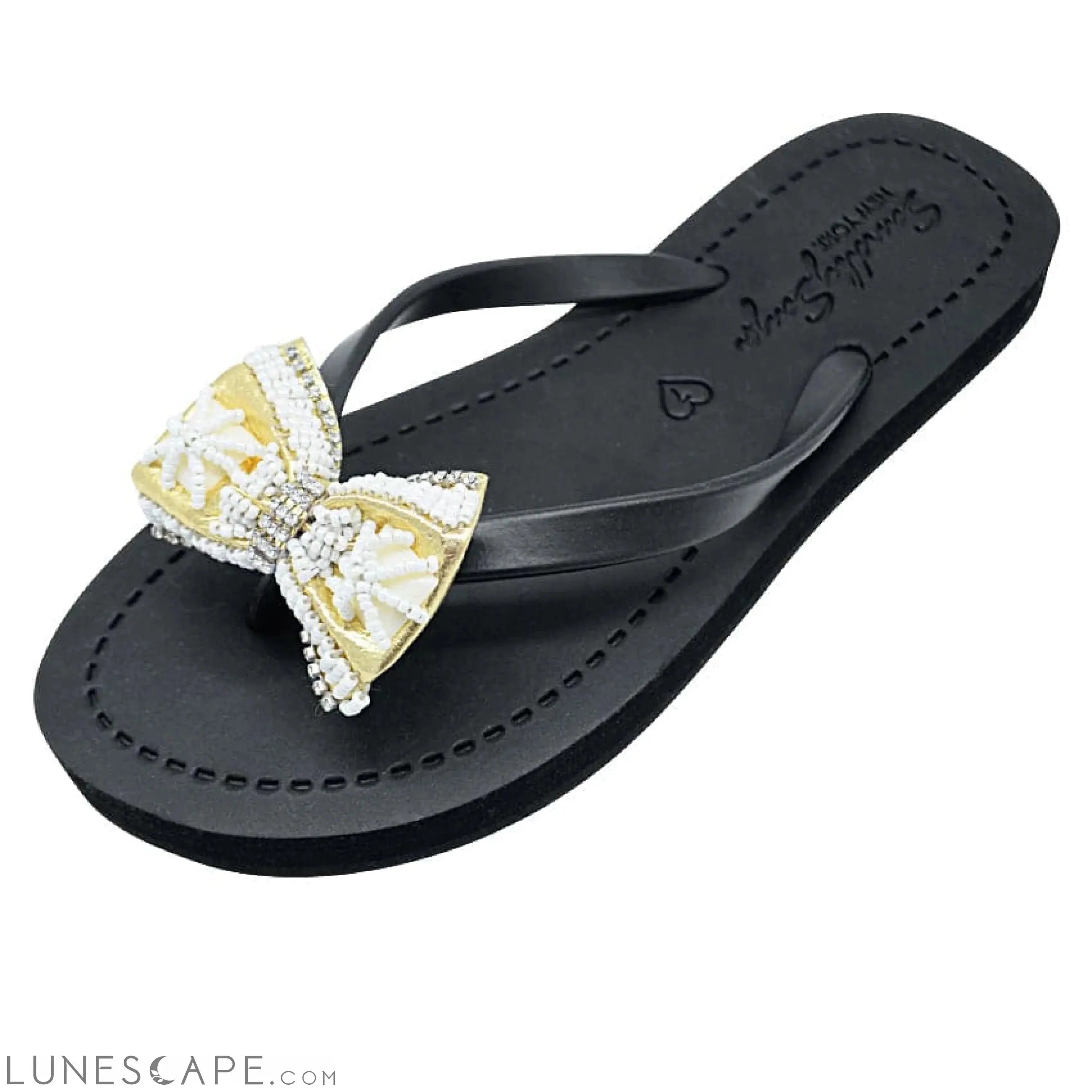 Gold and Pearl Bow-Rhine Stone Embellished Women's Flat Flip Flops Sandal LUNESCAPE