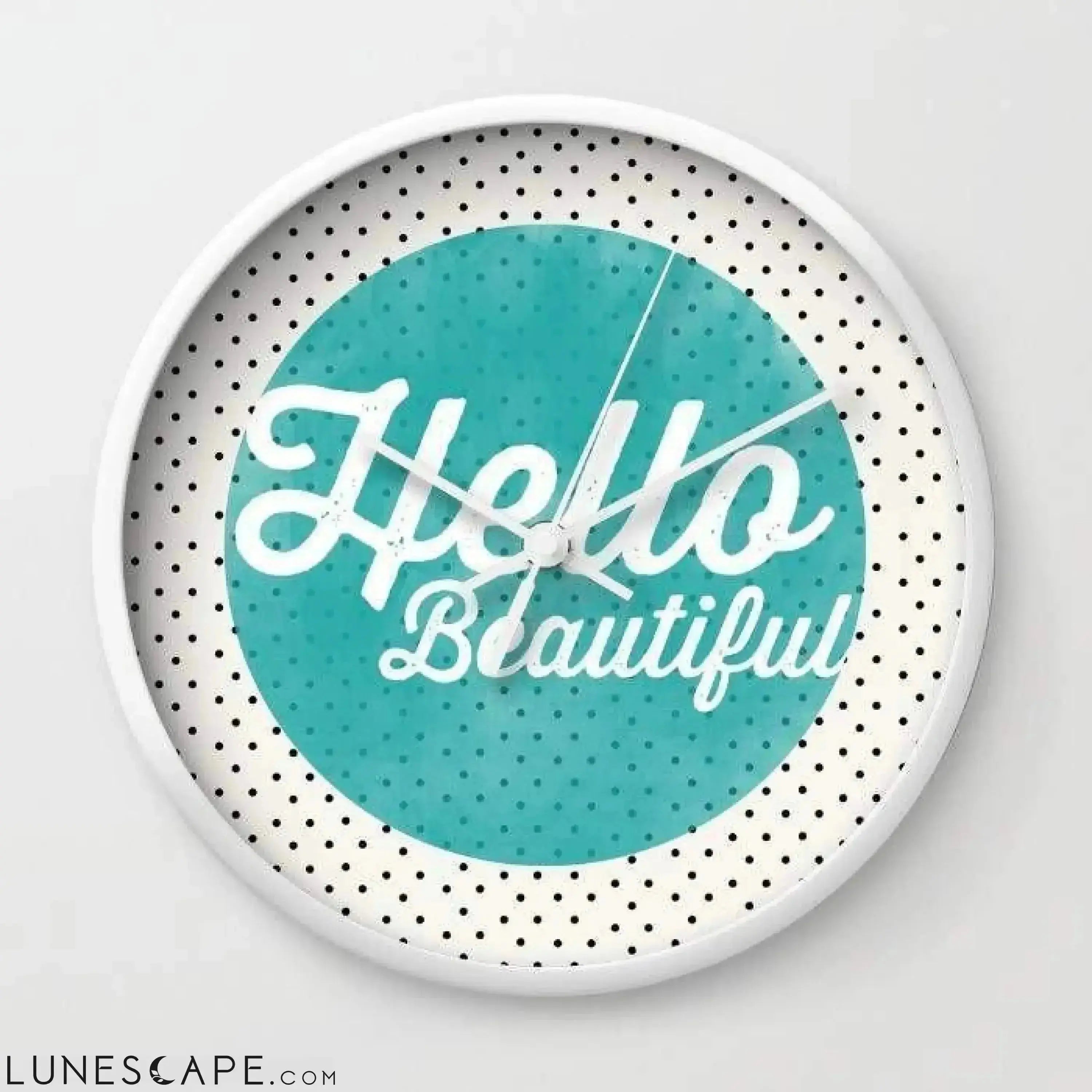Hello Beautiful Teal Dots typography Wall clock LUNESCAPE