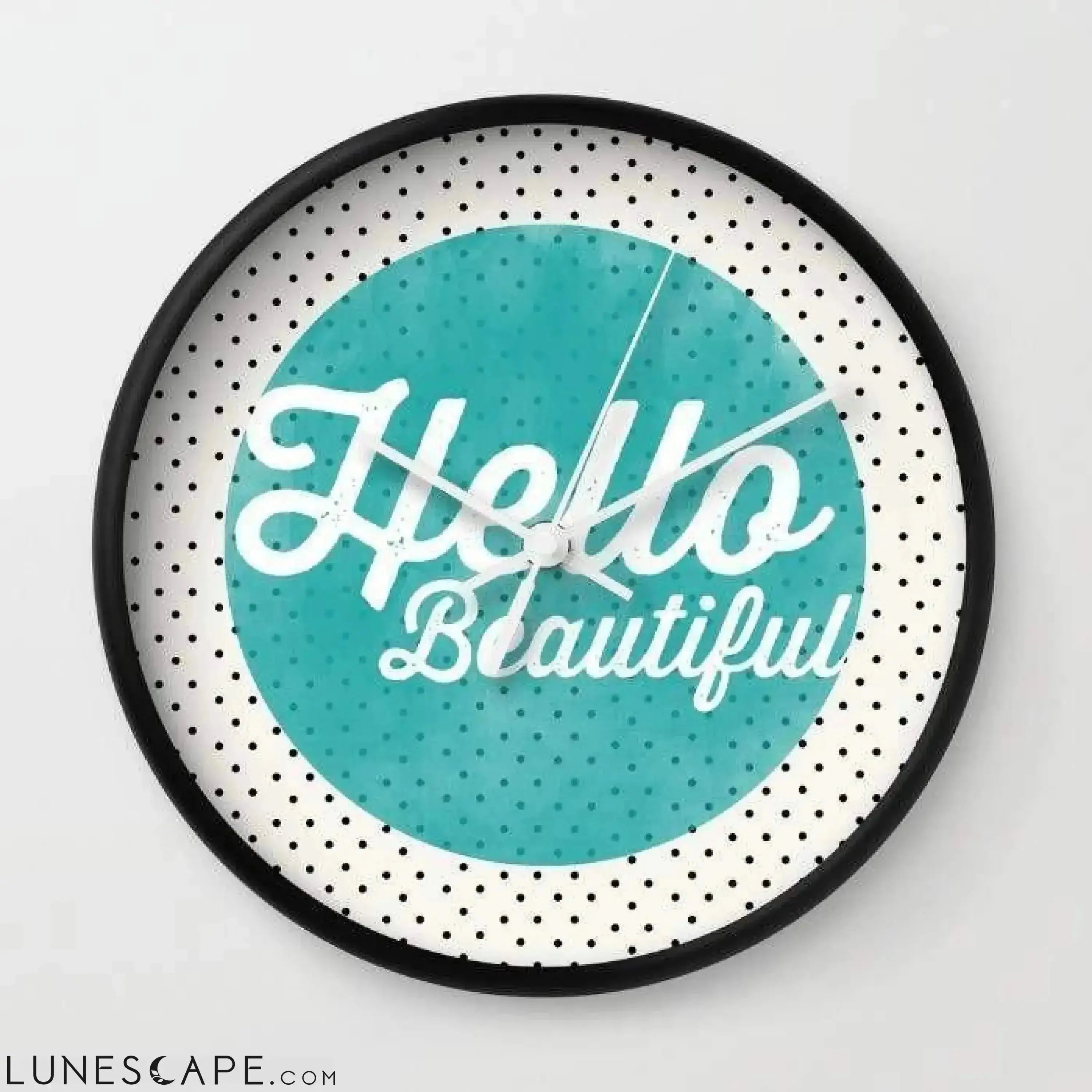 Hello Beautiful Teal Dots typography Wall clock LUNESCAPE